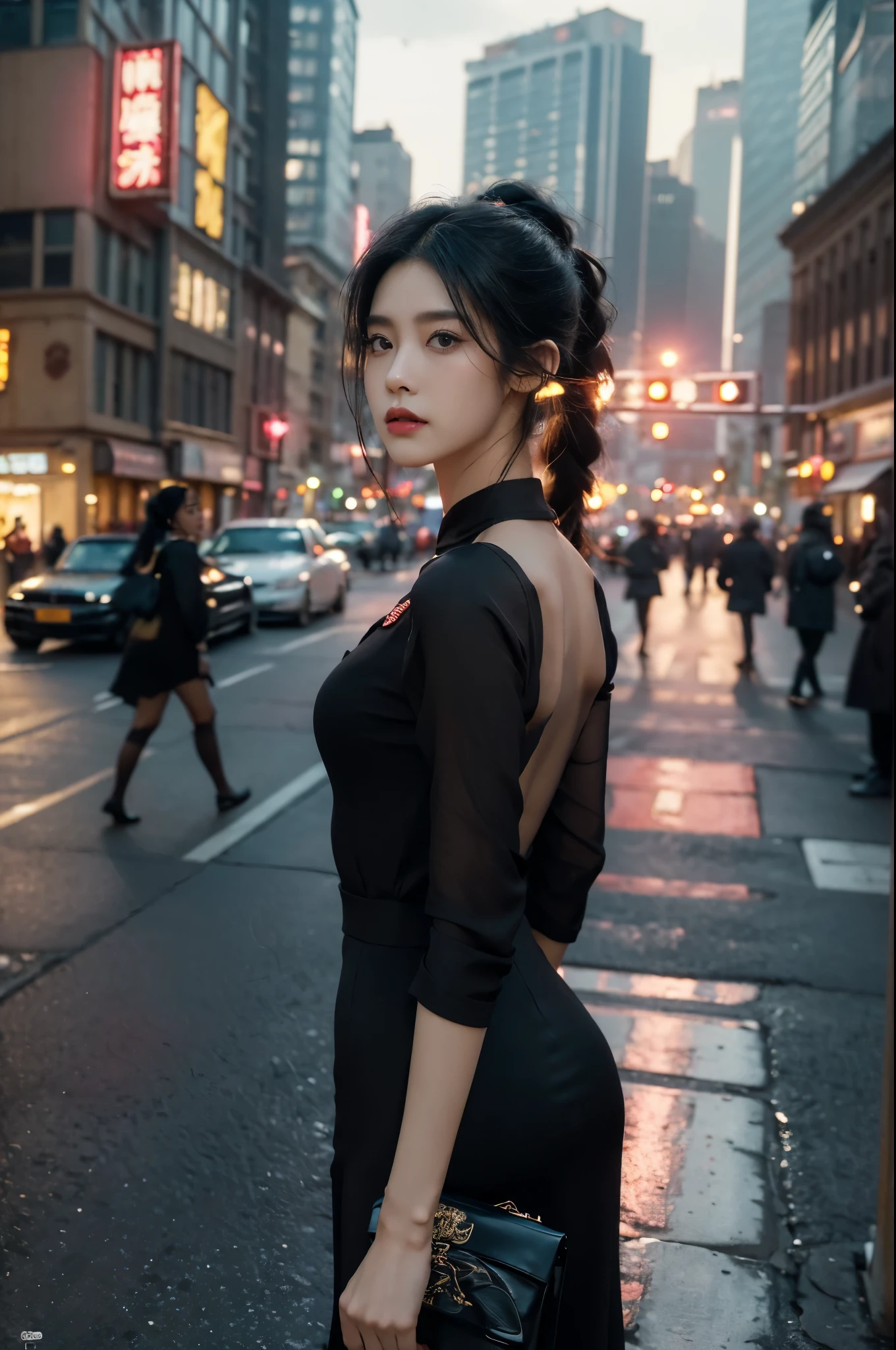 (((best quality))),(((ultra detailed))),(((masterpiece))),illustration,1girl,slim,vibrant rose-pink cotton dress,short ponytail,flat chest,pantyhose,standing, bustling city streets, honking cars,surrounded by crowded crowds, colorful advertisements,enjoying sights and sounds,(dark black skin:1.5),(day scene:1.3),upper body,arms behind back