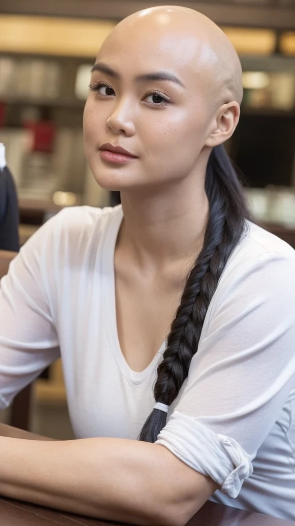 ((high detail)), malay, 1female, bald head with long hair, tied in a ponytail, in restaurant