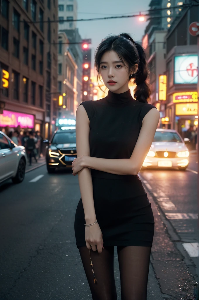 (((best quality))),(((ultra detailed))),(((masterpiece))),illustration,1girl,slim,vibrant rose-pink cotton dress,short ponytail,flat chest,pantyhose,standing, bustling city streets, honking cars,surrounded by crowded crowds, colorful advertisements,enjoying sights and sounds,(dark black skin:1.5),(day scene:1.3),upper body,arms behind back
