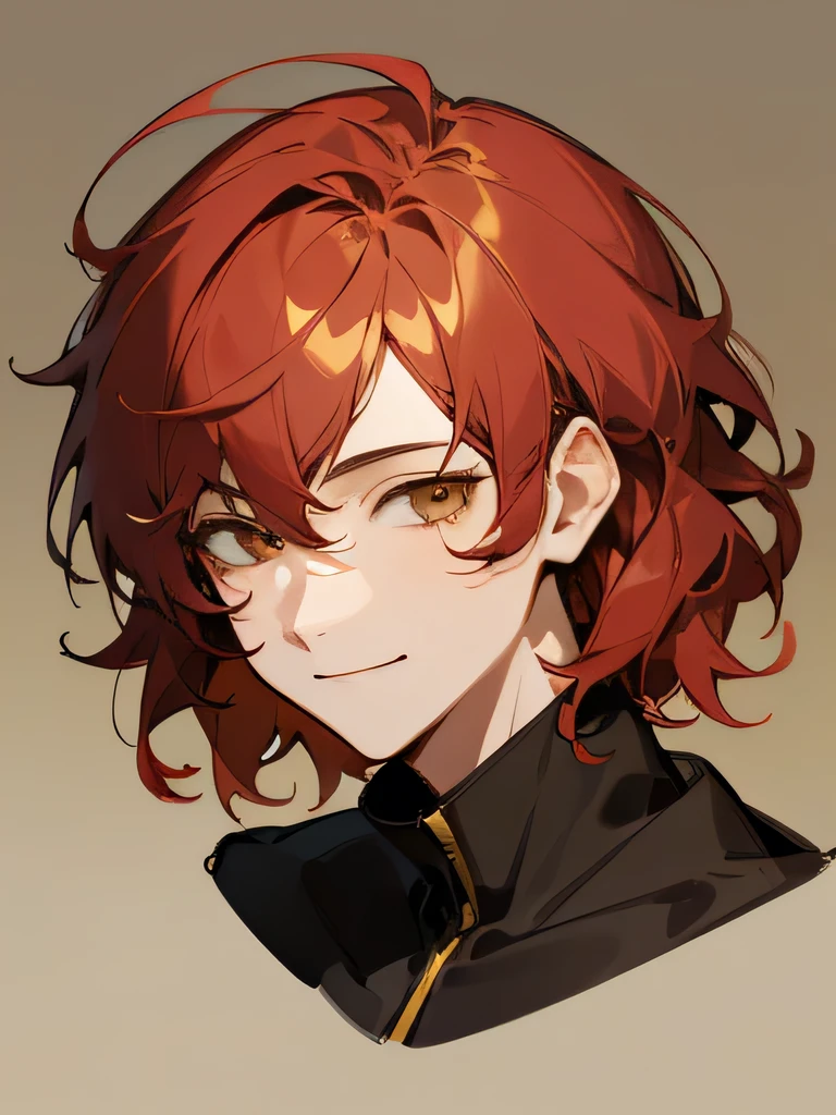 Man Messy red wavy short hair, stunning anime face portrait, looking to nothing, smile thinly, manly, bright warm GOLDEN YELLOW high detailed thin eyes, grayard grey background, high detailed shadow