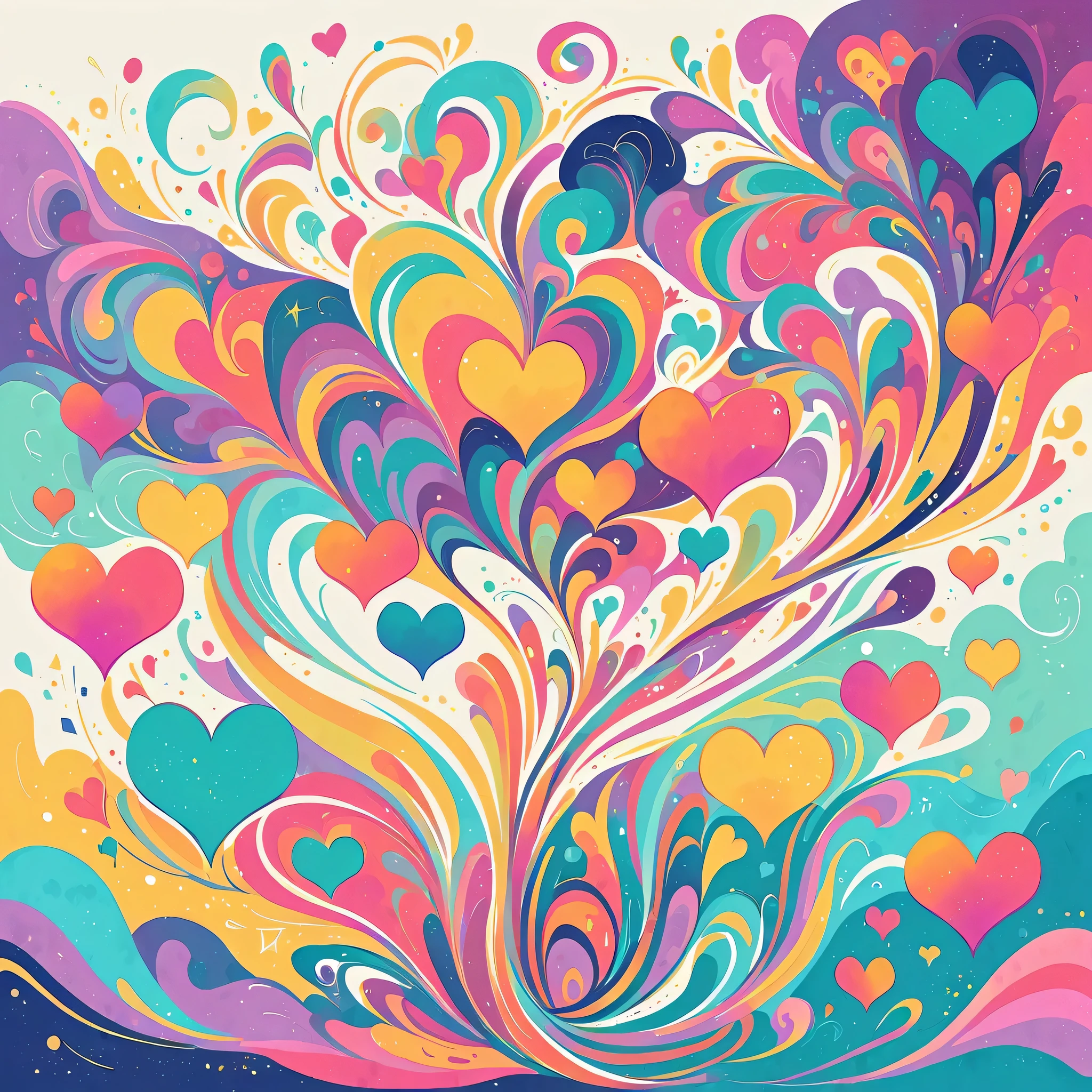 Seizo Watase style, Simple Line Initialism,Abstract art,Urban Background, colorful hearts ,No people