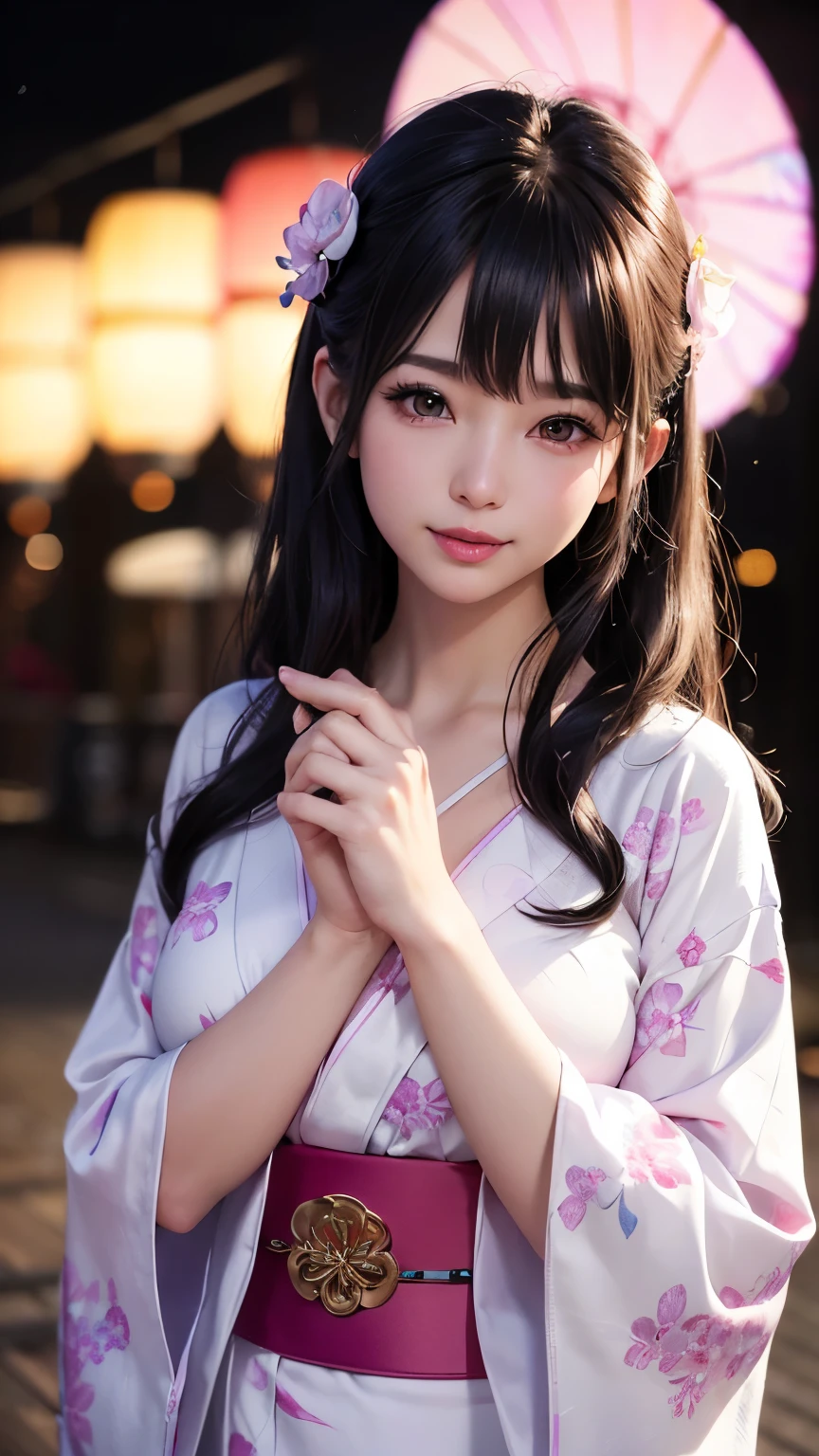 (logo、masterpiece、8K、Tabletop、RAW Photos、wonderful、最high quality、フォトリアリスティックでVery detailedな CG 複合 8K 壁紙、high quality、Very detailed、Narrative poem、Particle Effects、Dynamic Effects、Depth of the Boundary、Cinematic Light、Lens flare、Ray Tracing)、 (One beautiful woman wearing a yukata、White yukata、Light purple pattern)、Black-haired、High definition skin、Very fine、Fine skin texture、Beautiful Face、True Face、Beautiful details in the eyes、Realistic eyes、Beautifully detailed eyes、Realistic Skin、Beautiful Skin、Surreal、Smiling Eyes、Hair and light eyes、vivid、Colorful lights and bokeh、plump lower lip、Pink Lips、Hair flutters in Wind、Hair bounces、wonderful景色、night、evening、Wind、moonlight、moonlight、light