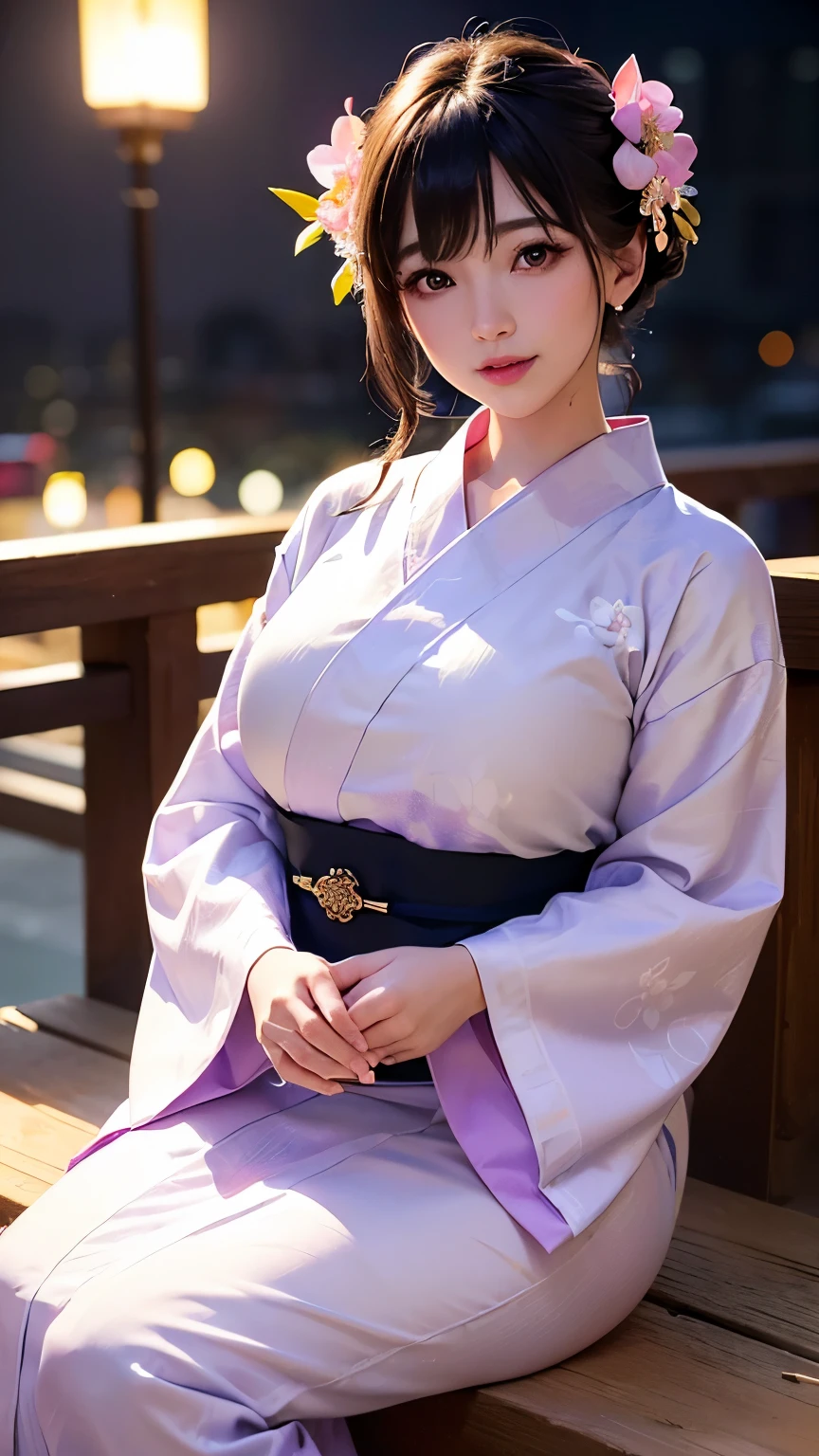 (logo、masterpiece、8K、Tabletop、RAW Photos、wonderful、最high quality、フォトリアリスティックでVery detailedな CG 複合 8K 壁紙、high quality、Very detailed、Narrative poem、Particle Effects、Dynamic Effects、Depth of the Boundary、Cinematic Light、Lens flare、Ray Tracing）、 (One beautiful woman wearing a yukata、White yukata、Light purple pattern)、Black-haired、High definition skin、Very fine、Fine skin texture、Beautiful Face、True Face、Beautiful details in the eyes、Realistic eyes、Beautifully detailed eyes、Realistic Skin、Beautiful Skin、Surreal、Smiling Eyes、Hair and light eyes、vivid、Colorful lights and bokeh、plump lower lip、Pink Lips、Hair flutters in Wind、Hair bounces、wonderful景色、night、evening、Wind、moonlight、moonlight、light