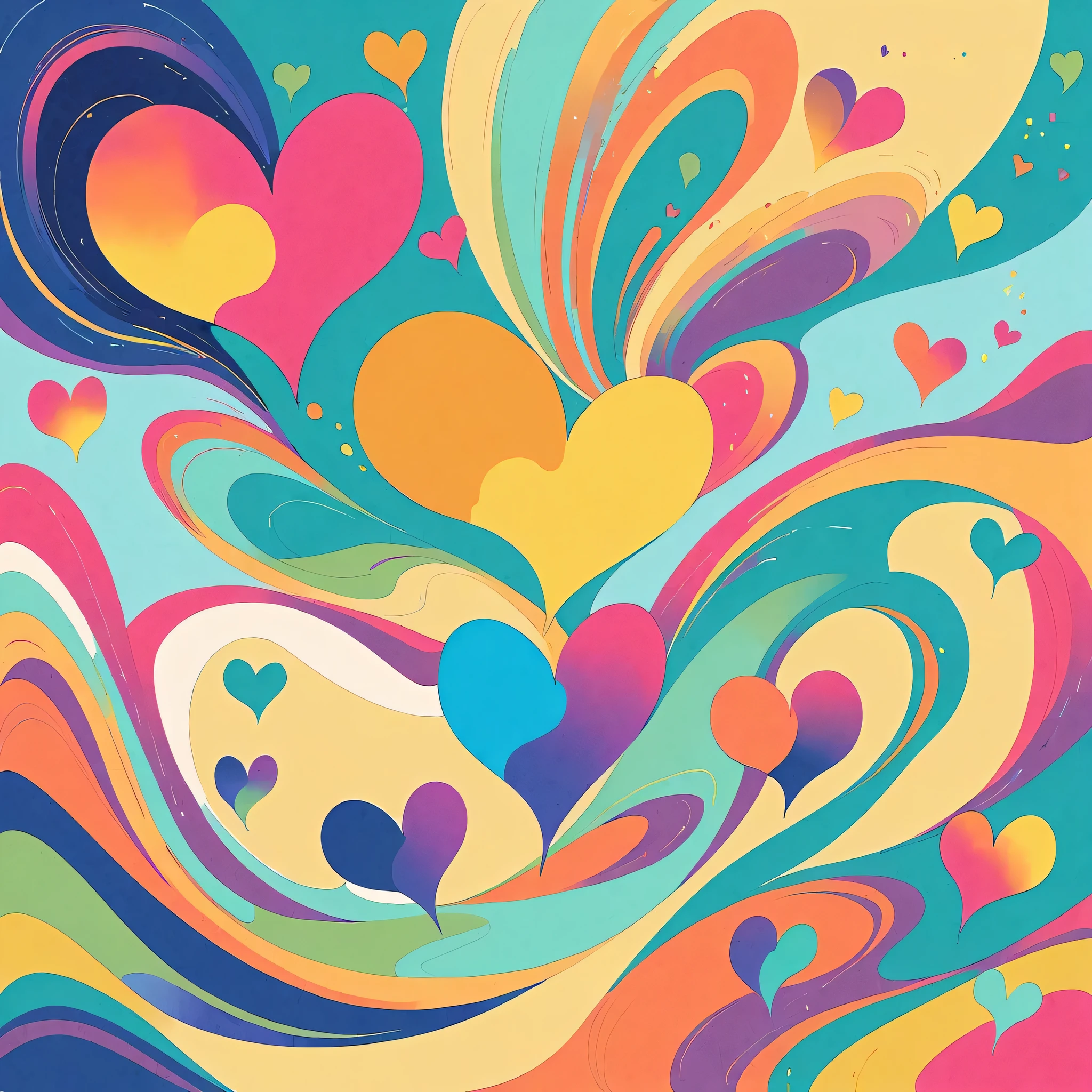 Seizo Watase style, Simple Line Initialism,Abstract art,Urban Background, colorful hearts ,No people