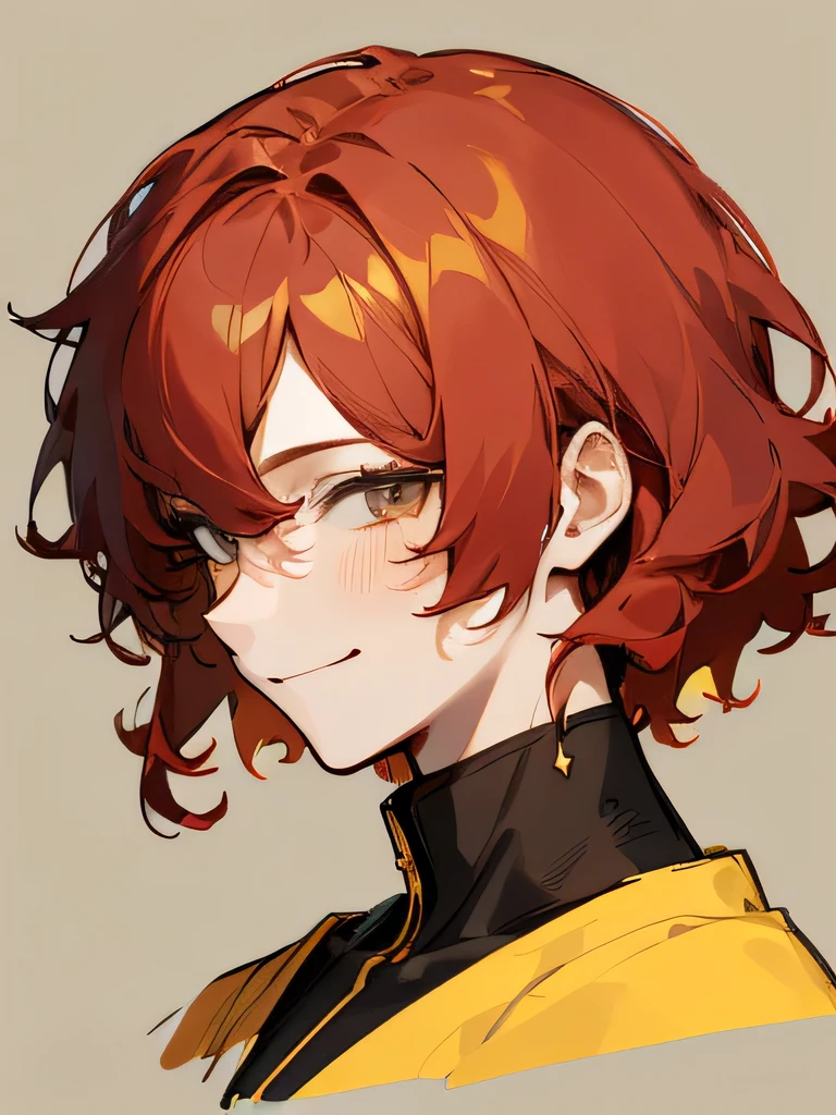 Man Messy red wavy short hair, stunning anime face portrait, looking to nothing, smile thinly, manly, bright warm GOLDEN YELLOW high detailed thin eyes, grayard grey background, high detailed shadow