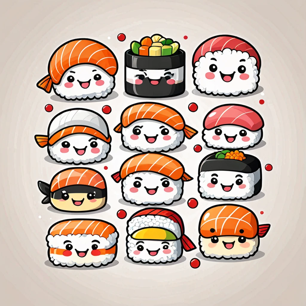 Charming sushi characters with smiling faces, kawaii style, fun and lively mood, warm and colorful lighting. T-shirt design graphic, vector, contour, white background.