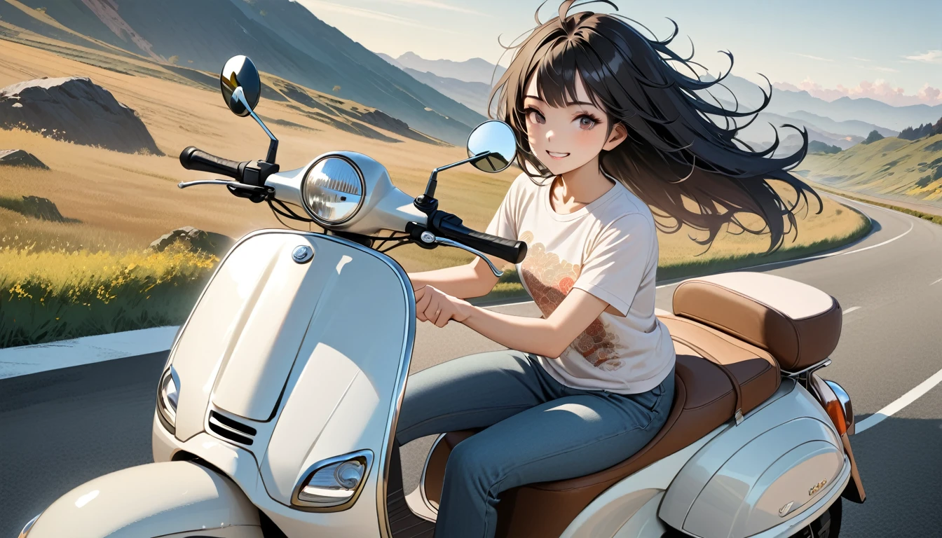 ((8k of extremely detailed CG unit, Masterpiece, high resolution, highest quality, highest quality real texture skin)), (((Driving a Vespa with a smile))), ((1 girl)), (Japanese pattern Tシャツ, denim), (Black hair, messy hair, beige skin), (surreal, digital painting)