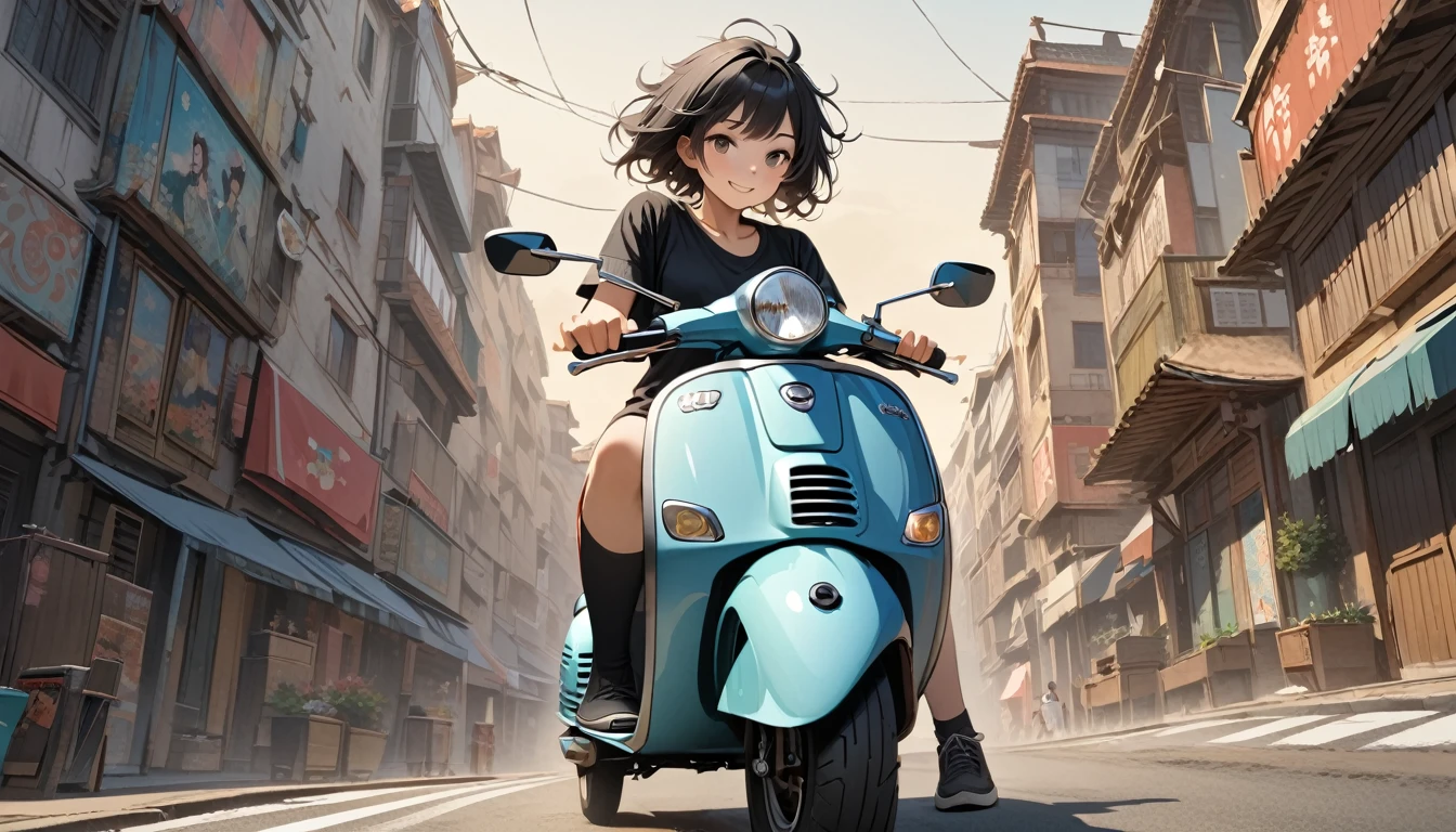 ((8k of extremely detailed CG unit, Masterpiece, high resolution, highest quality, highest quality real texture skin)), (((Driving a Vespa with a smile))), ((1 girl)), (Japanese pattern Tシャツ, denim), (Black hair, messy hair, beige skin), (surreal, digital painting)