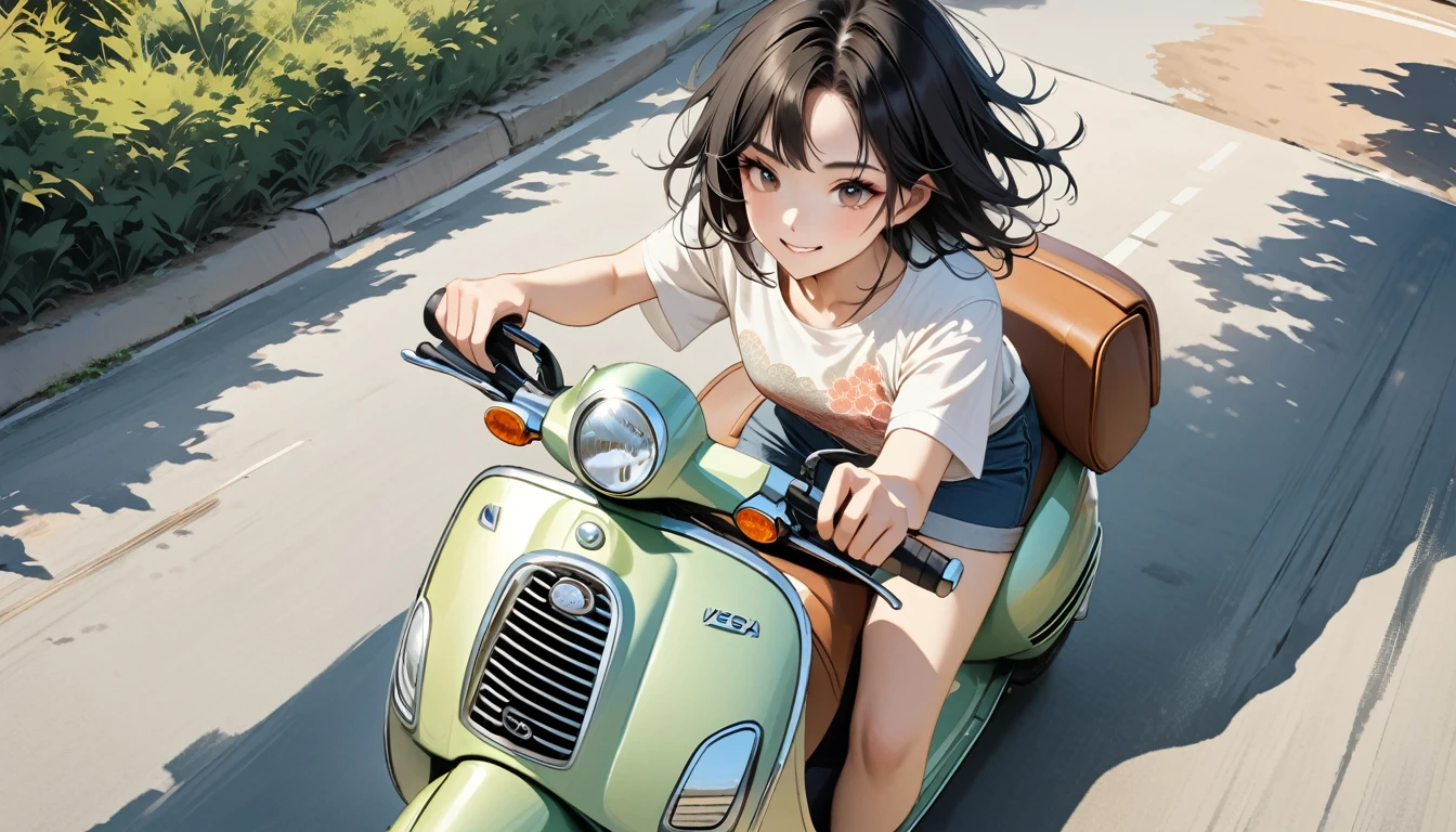 ((8k of extremely detailed CG unit, Masterpiece, high resolution, highest quality, highest quality real texture skin)), (((Driving a Vespa with a smile))), ((1 girl)), (Japanese pattern Tシャツ, denim), (Black hair, messy hair, beige skin), (surreal, digital painting)