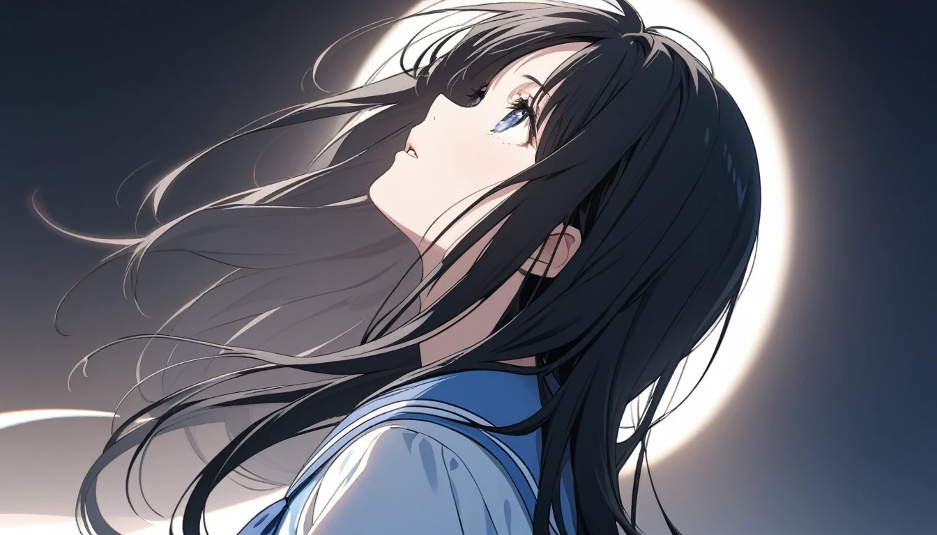A high school girl in a summer sailor uniform looks up at the sky with a fragile expression on her face.
The summer sun shines on her.
Black hair, straight, long, shiny hair.
The background is a light, cool, bright monochromatic blue.
The image is vividly rendered with a touch that reproduces a dainty maiden.