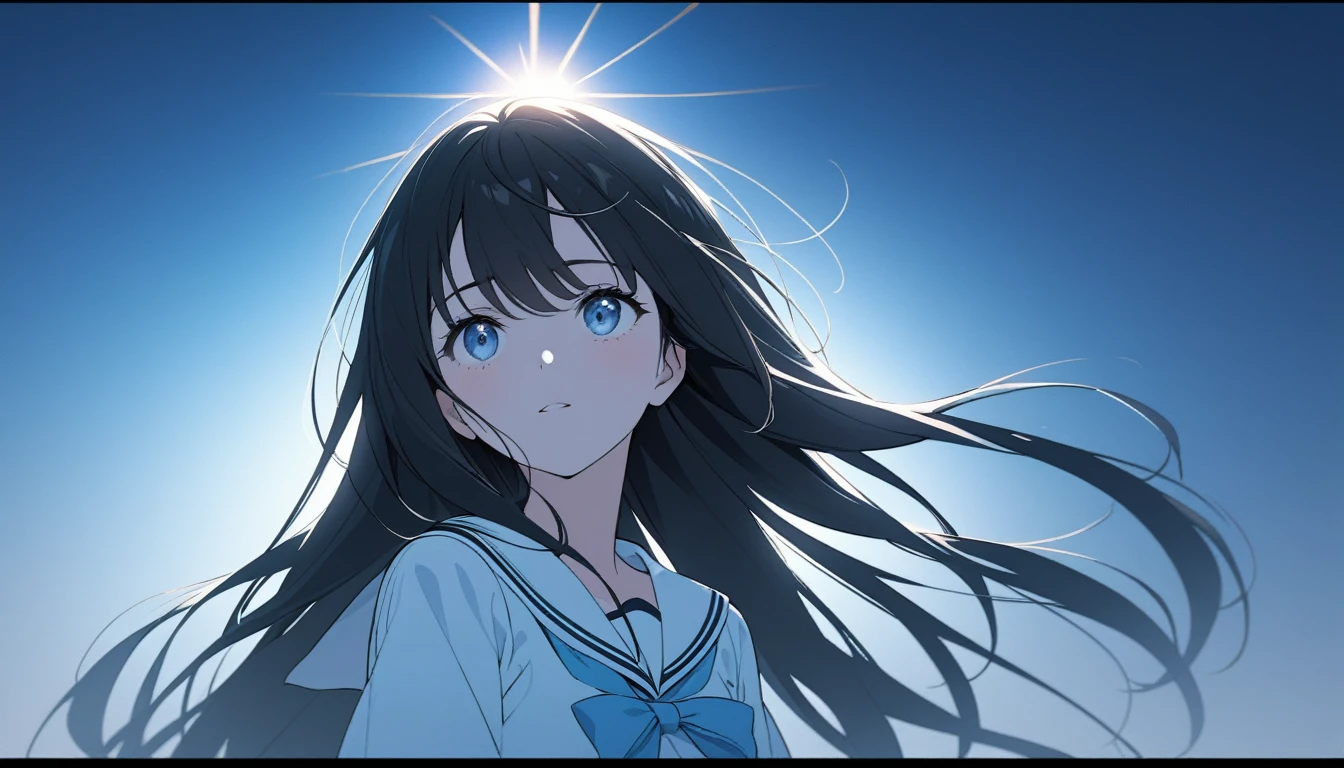 A high school girl in a summer sailor uniform looks up at the sky with a fragile expression on her face.

The summer sun shines on her.

Black hair, straight, long, shiny hair.

The background is a light, cool, bright monochromatic blue.

The image is vividly rendered with a touch that reproduces a dainty maiden.