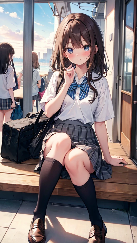long hair, looking at viewer, smile, bangs, blue eyes, multiple girls, skirt, brown hair, shirt, black hair, short sleeves, brown eyes,  long hair, sitting in sunset classroom , white polo shirt, pleated skirt, outdoors, open clothes, socks, striped, collared shirt, hand up, 3girls, bag, kneehighs, plaid skirt, brown footwear, flying sweatdrops, loafers, grey skirt, school bag, diagonal stripes, 