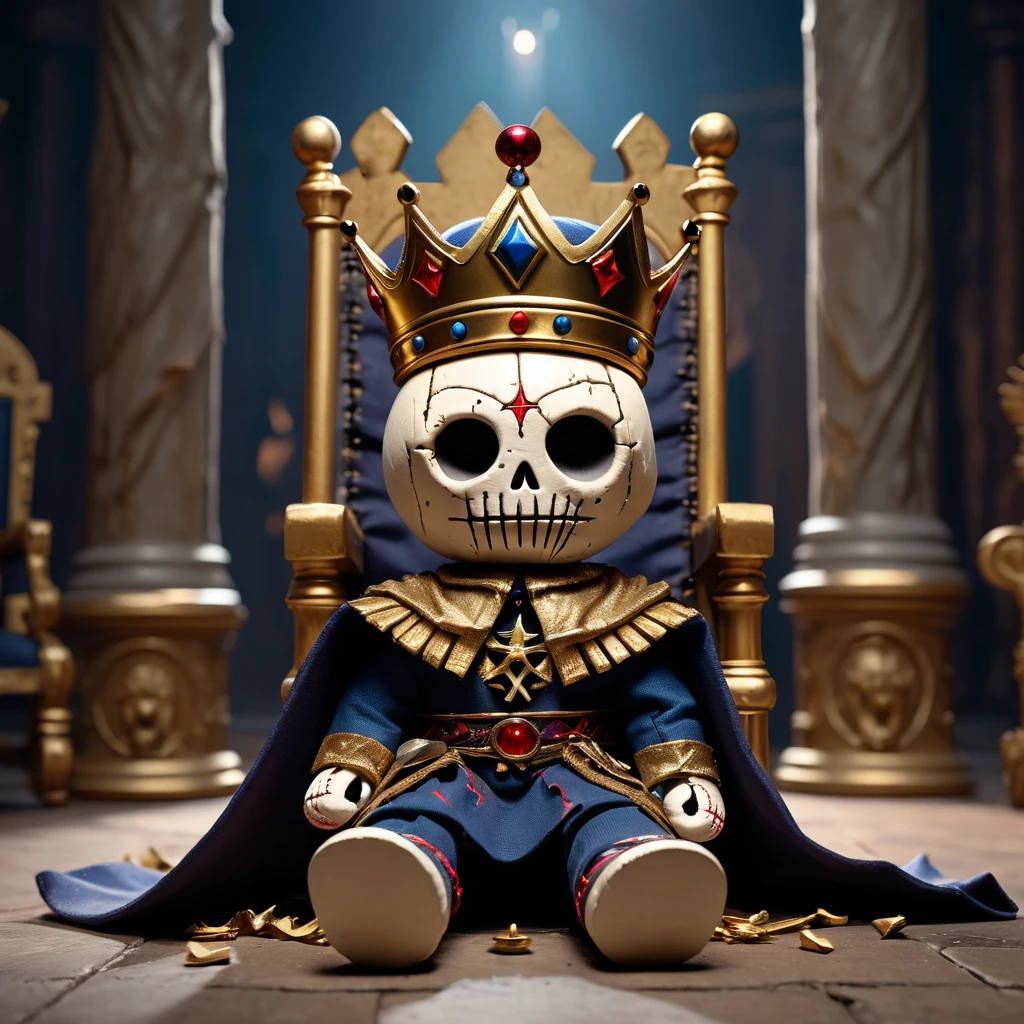 (knitted toy voodoo doll:1.2), (Voodoo Cursed King:1.3), (clothes Torn royal cloak, dark crown, golden scepter:1.0), (in the background Ruined throne room, fallen columns, moonlight:1.3), best quality, masterpiece, detailed soft oil painting, detailed background, dramatic cinematic lighting, soft edge lighting, professional, dramatic lighting, hard edge lighting, ultra quality, 4k, masterpiece, best quality, 8k, ultra high definition, high resolution, extremely detailed