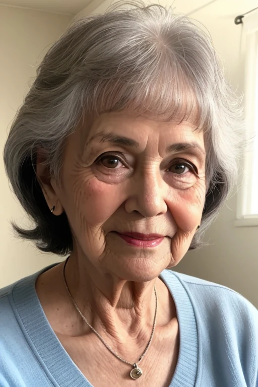 A grandma who still looks as young as she really is. She's younger than this, very young, 70 years old, but looks like she's 40 years old. Good looking, beautiful, rich, dignified, big breasts, strong, proportionate body, but no muscles.