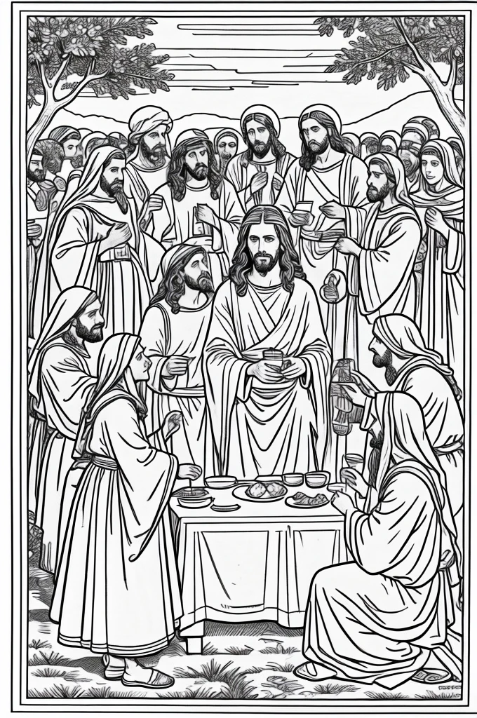 Jesus and his disciples having the lady sipper, no color, black and white , simple coloring pages, 