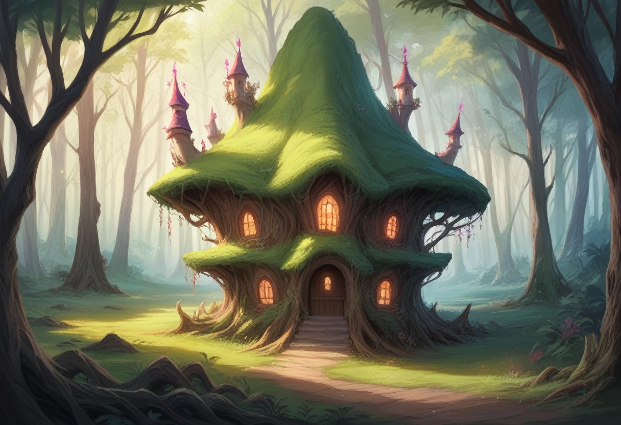 There is a small house with lights on in the middle of the forest, Beautiful depiction of a fairy tale, enchanted magical fantasy forest, Enchanted and magical forest, magical fantasy forest, A pleasant and enchanting scene, realistic fantasy render, stuning Fantasy 3D Rendering, Fairytale Forest, fantasy gorgeous lighting, Fantasy 3D Rendering, Magical Environment, Lighting with a fantastic atmosphere, whimsical fantasy landscape art