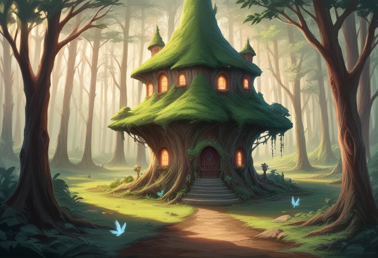 There is a small house with lights on in the middle of the forest, Beautiful depiction of a fairy tale, enchanted magical fantasy forest, Enchanted and magical forest, magical fantasy forest, A pleasant and enchanting scene, realistic fantasy render, stuning Fantasy 3D Rendering, Fairytale Forest, fantasy gorgeous lighting, Fantasy 3D Rendering, Magical Environment, Lighting with a fantastic atmosphere, whimsical fantasy landscape art
