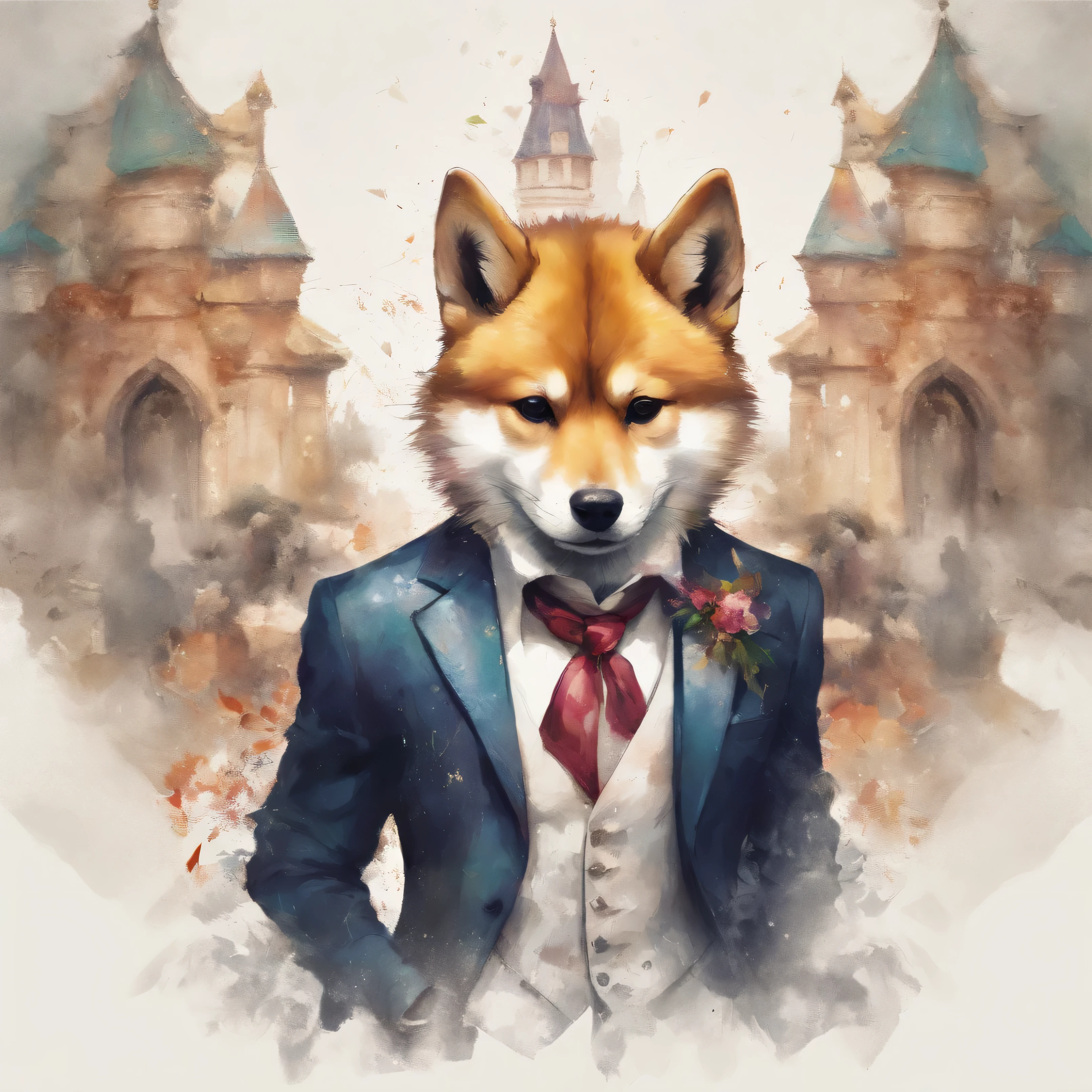 Perfect centering, Cheeky Shiba, Wear a tuxedo suit, Wearing sunglasses, cheerfulness, Standing position, Abstract beauty, Centered, Looking at the camera, Facing the camera, nearing perfection, Dynamic, Highly detailed, smooth, Sharp focus, 8K, high definition resolution, illustration, Art by Carne Griffiths and Wadim Kashin, White background