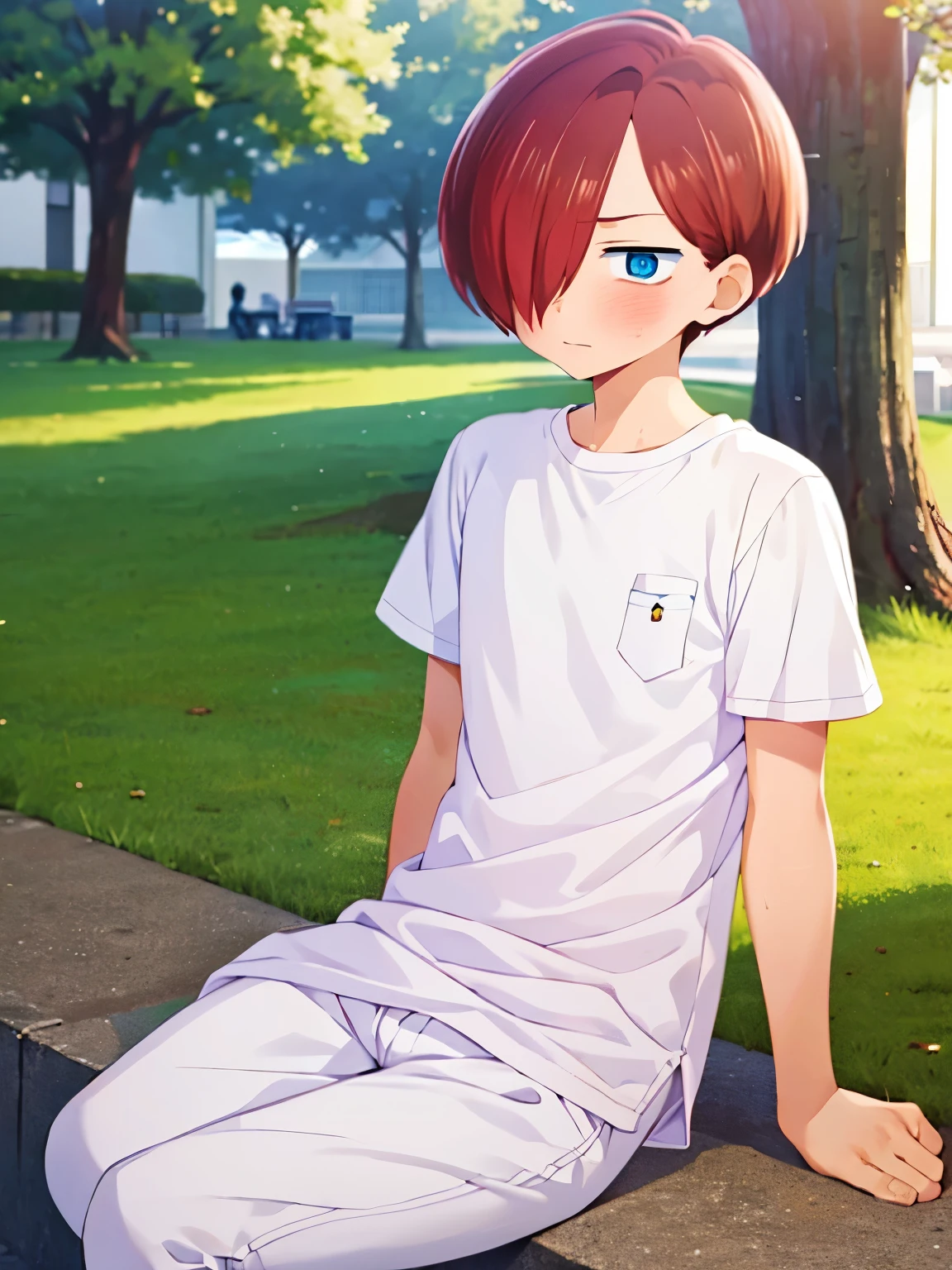 1boy, solo, male focus, kyoutarou_ichikawa, red hair, blue eyes, short hair, hair over one eye, bangs,Sitting in the park,blush, White t-shirt,Plain t-shirt, white trousers