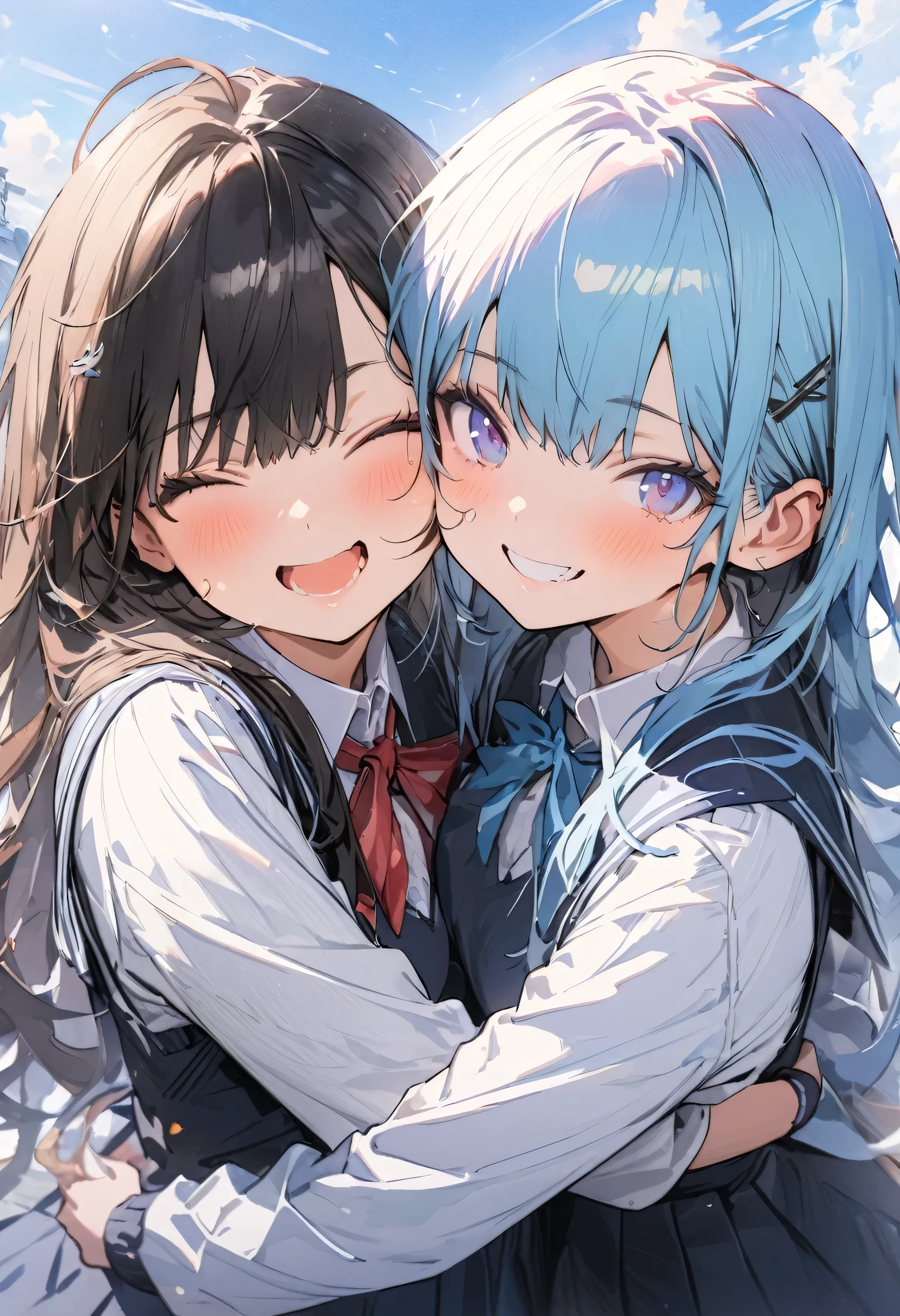 (masterpiece, best quality, highly detailed, absurdres:1.3), (2girl, cute girl:1.3), smile, frends, highschool uniform, (hug, cheek to cheek:1.3), (fantastic illustration, beautiful detail, best quality, top quality, fain touch outline:1.3), watercolor, clear, tangle, background blue sky, beautiful scenery