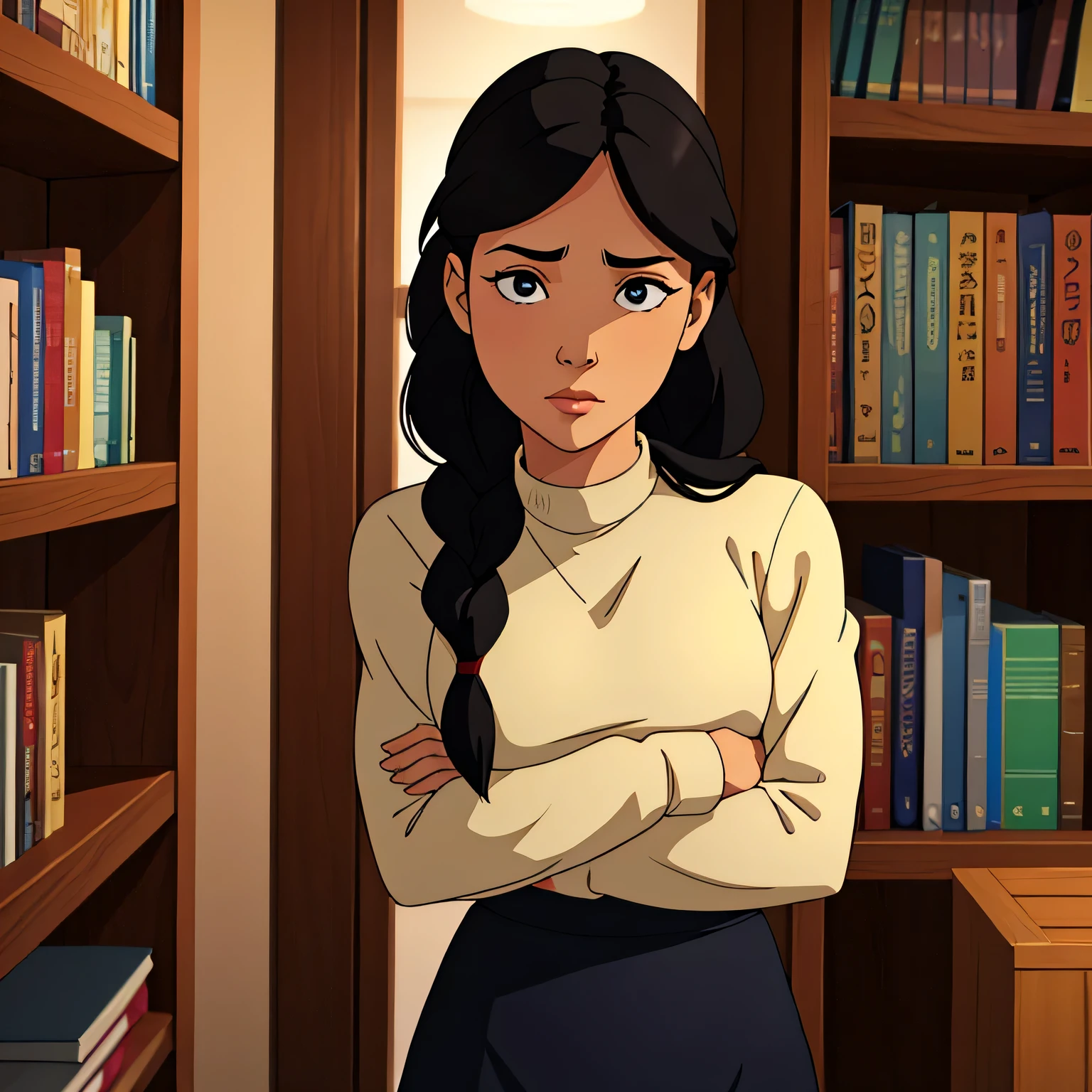 Beautiful woman standing by bookshelf with corssed arms under breasts, wearing short skirt, wearing knit longsleeve, braided hair, black hair, view from front