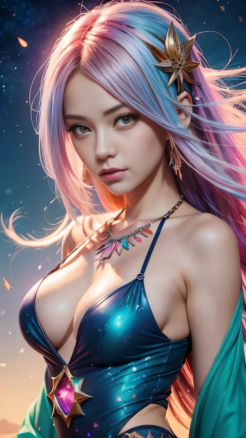 Close-up of a woman with colorful hair and necklace, anime girl with cosmic hair, soft vitality of Rossdraws, artwork in Guvez style, fantasy art style, colorful], vibrant fantasy style, Rossdraws cartoon full of vitality, universe and colorful, Guweiz, colorful digital fantasy art, stunning art style, beautiful anime style, white skin, Hulk clothes