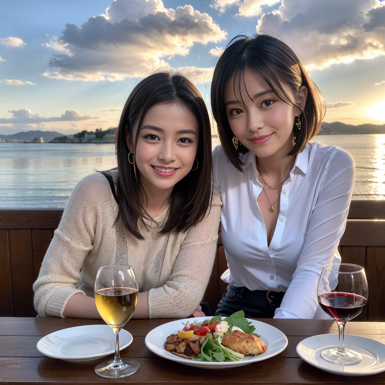 ((Highest quality、8K、masterpiece:1.3))、 (Ultra-realistic、 Genuine、Bright image、Intricate details:1.2), 最高のsmile、1 male、1 female、Beautiful couple、love love love、A lover who resembles Miki Nakatani、Good friends、actress couple、smile、Full-course dinner at a packed table、 (Slim face), (the body is slim), (Brown Hair), (short hair), テーブルのwine glass、Please shine a light on my face、 Amazing view of the sunset sky and clouds、36 years old 39 years old, red wine 、Appetizers、Wine bottle、sparkling wine、Long sleeve shirt、dress、White wine, red wine, wine glass,