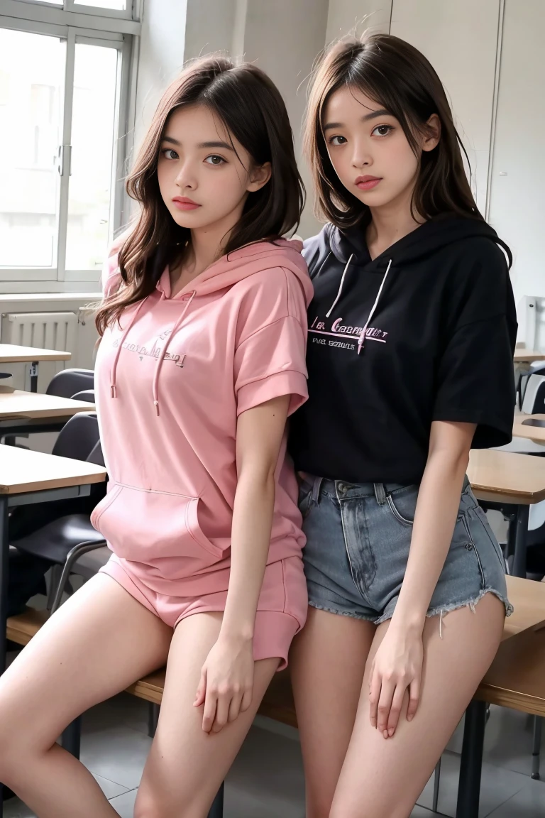 deux femmes ensemble de 18 ans sexy et mince , pink short sleeve hoodie , salle de classe, se touche,position sey,sensuel