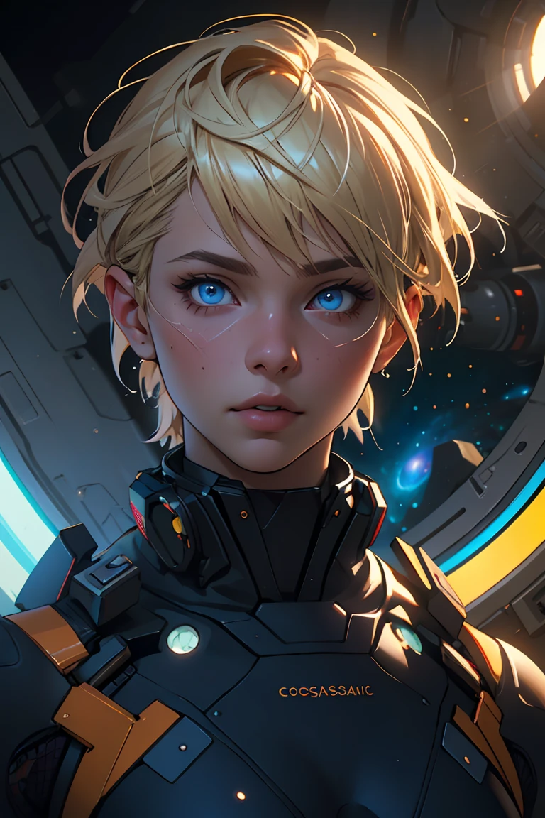 Highly detailed RAW color photo, beautiful young woman, short blonde hair, dynamic pose, (wide hips), (detailed skin), (detailed lips), (detailed eyes), (cosmic: 1.4), (necropolis: 1.1), (science fiction setting) (detailed face), (curvy), detailed eyes, chromatic aberration, depth of field, soft lighting, masterpiece, best quality, intricate, (lens reflection: 0.7), (flowering: 0.7), particle effects, ray tracing, tone mapping, highly detailed, concept art, smooth, sharp focus, dramatic lighting, highly detailed art, cinematic, hyper-realistic painting, trending on Artstation, 8K, amazing shadows, realistic, (highly detailed background: 1.2), mid-journey art