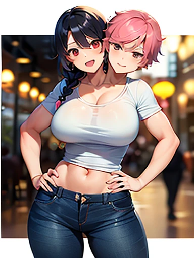 (2heads:1.1), (1boy:1.2), male female couple, red eyes, black hair, pink hair, braid, long hair, (handsome:1.5), (masculine:1.5), (masterpiece), (high quality), (best resolution), :D, looking at viewer, anime convention, beautiful background, hand on hip, shirt with logo on it, jeans, wide hips, thick thighs, (masculine chest:1.1), (flatchested)