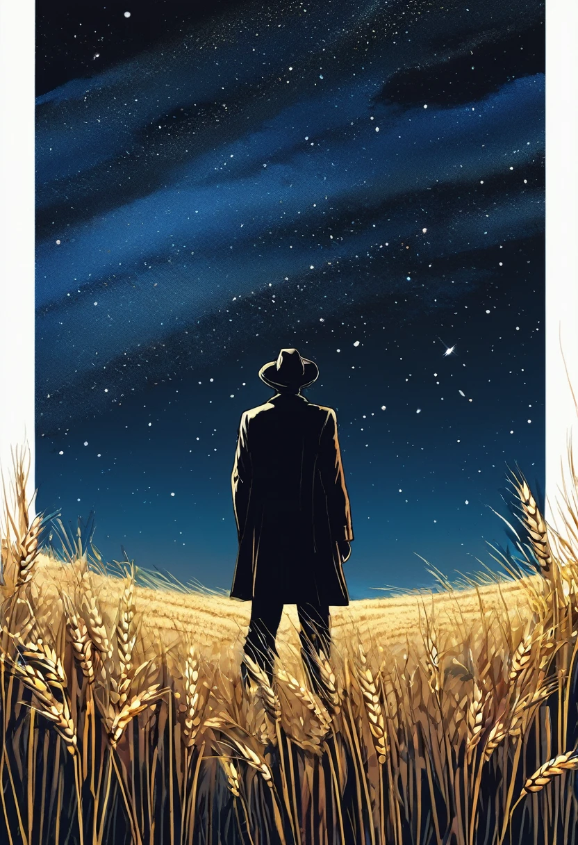 from far, with epic view, a man sntand at wheat meadow, at night, manga style, digital art, by Marshall Arisman, cover illustration, 70mm, 7 0 mm, 70 mm, book cover illustration, by Brigette Barrager, album cover, novel cover art for a book, art concept for a book cover, cover art, 7 feet tall,