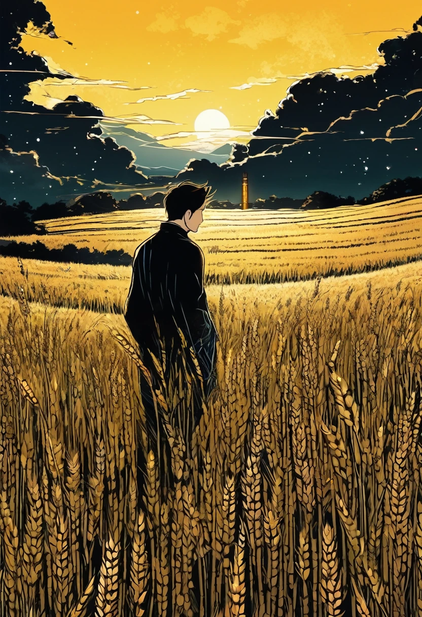 from far, with epic view, a man sntand at wheat meadow, at night, manga style, digital art, by Marshall Arisman, cover illustration, 70mm, 7 0 mm, 70 mm, book cover illustration, by Brigette Barrager, album cover, novel cover art for a book, art concept for a book cover, cover art, 7 feet tall,