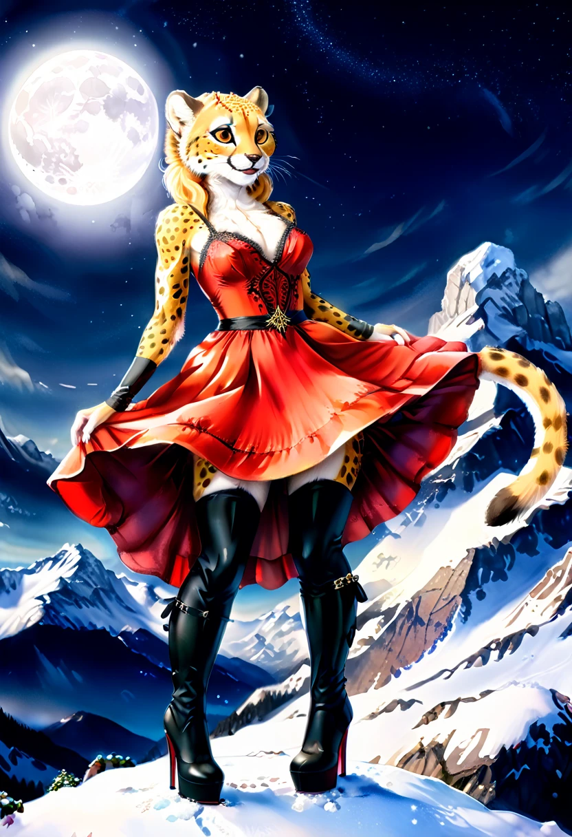 a watercolor picture of a female (cheetah anthomorph: 1.5) wearing a red evening dress, elegant, intricate detailed dress, silk dress, she wears elegant high heeled boots, exquisite high heeled boots, female cheetah anthomorph, (wild beauty: 1.3) , (ultra feminine: 1.2), ultra detailed face, fangs revealing smile, she stands on the the top of a snowy mountain, elegant cocktail party on the top of a snowy mountain background, night time, some stars the moon is rising, best details, best quality, highres, ultra wide angle, 16k, [ultra detailed], masterpiece, best quality, (extremely detailed), full body, ultra wide shot, photorealistic, ladyshado, Cinematic Hollywood Film style, traditional watercolor painting