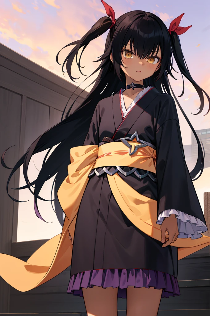 masterpiece, best quality, highres, aanemesis, long hair, black hair, two side up, hair ribbon, tan,. dark skin, black choker, frills, japanese clothes, (black kimono:1.2), obi, purple skirt, standing, cowboy shot, outdoors,