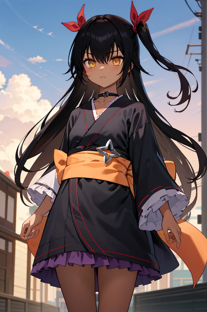 masterpiece, best quality, highres, aanemesis, long hair, black hair, two side up, hair ribbon, tan,. dark skin, black choker, frills, japanese clothes, (black kimono:1.2), obi, purple skirt, standing, cowboy shot, outdoors,