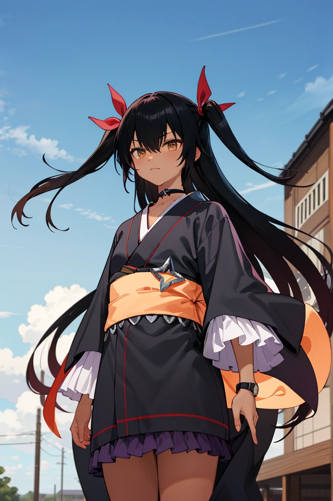 masterpiece, best quality, highres, aanemesis, long hair, black hair, two side up, hair ribbon, tan,. dark skin, black choker, frills, japanese clothes, (black kimono:1.2), obi, purple skirt, standing, cowboy shot, outdoors,