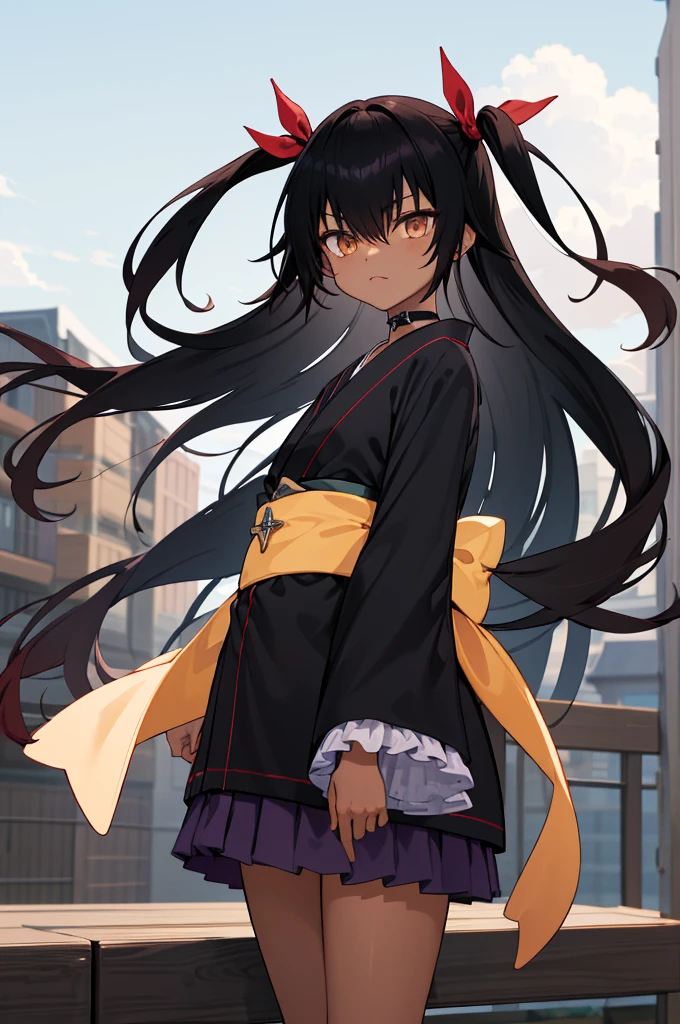 masterpiece, best quality, highres, aanemesis, long hair, black hair, two side up, hair ribbon, tan,. dark skin, black choker, frills, japanese clothes, (black kimono:1.2), obi, purple skirt, standing, cowboy shot, outdoors,