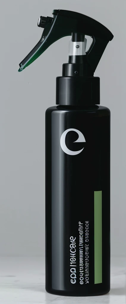 There is a black bottle with a green spray, Product Photos, close-up Product Photos, professional Product Photos, Shit, EUR, detailed Product Photos, Hairy fluid, official Product Photos, ebony, Professional product photography, high quality Product Photos, Eva, Product Images, Ethereal, product introduction photos, highly detailed Product Photos, Product Photosgraphy, Place this item on your hand, A woman holds a product in her hand