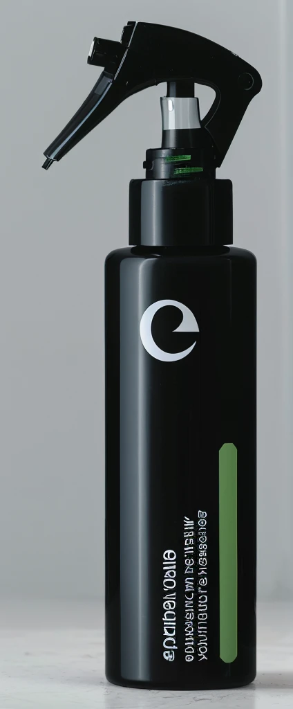 There is a black bottle with a green spray, Product Photos, close-up Product Photos, professional Product Photos, Shit, EUR, detailed Product Photos, Hairy fluid, official Product Photos, ebony, Professional product photography, high quality Product Photos, Eva, Product Images, Ethereal, product introduction photos, highly detailed Product Photos, Product Photosgraphy, Place this item on your hand, A woman holds a product in her hand