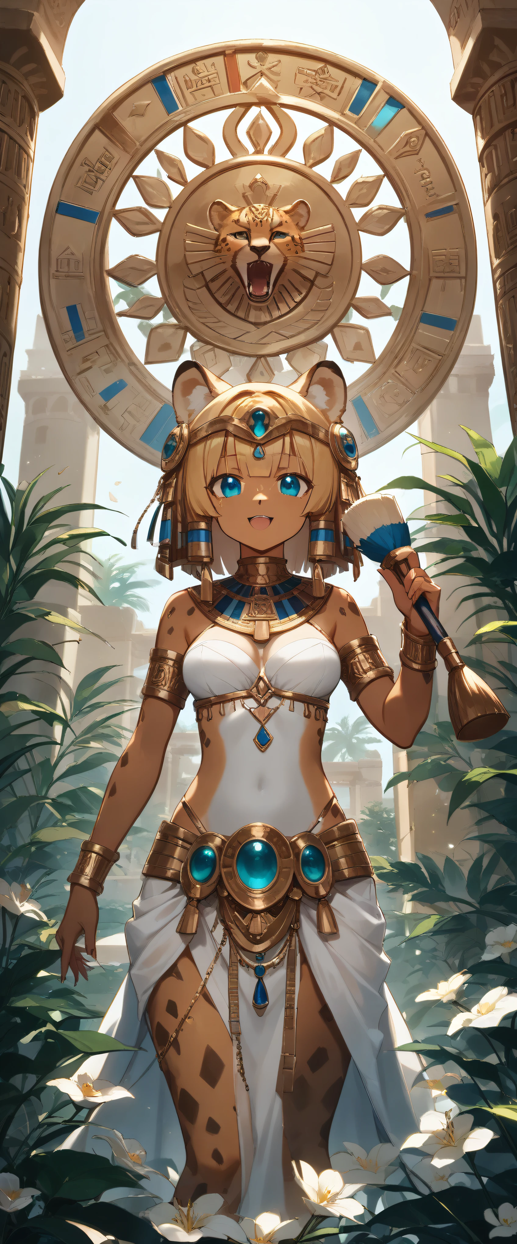 score_9, score_8_up, score_7_up, score_6_up, score_5_up, score_4_up,source_anime, source_furry,rating_safe,Egyptian goddess\(female, Safkhet, Sesat, Seshet, Sesheta, Seshata,  Uraeus with flower and star in diadem, (wearing cheetah skin), holding brush and ink-dish,twinkling star above head\), background\(Egyptian temple\),dynamic angle, BREAK ,quality\(8k,wallpaper of extremely detailed CG unit, ​masterpiece,hight resolution,top-quality,top-quality real texture skin,hyper realisitic,increase the resolution,RAW photos,best qualtiy,highly detailed,the wallpaper,cinematic lighting,ray trace,golden ratio\)