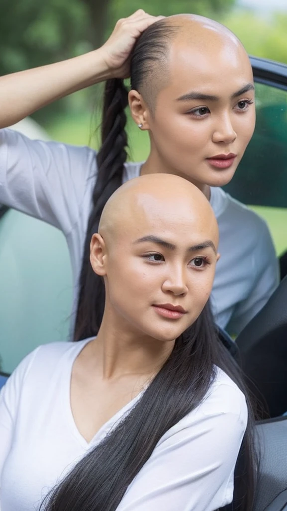 ((high detail)), malay, 1female, bald head with long hair, tied in a ponytail, hair full with dandruff