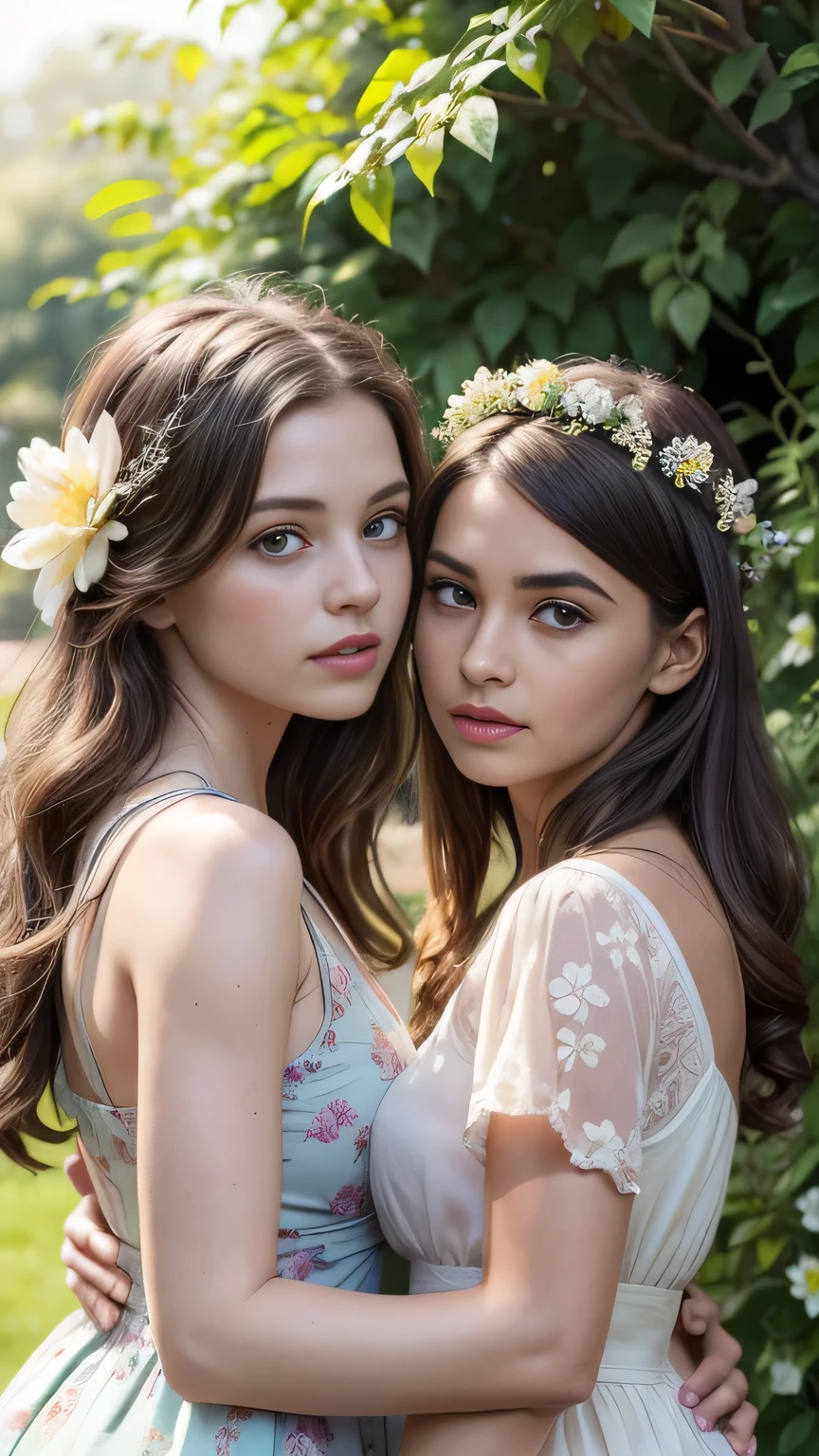 girl in a garden,2 girls,dancing,floral dress,sunlight,flowers,beautiful detailed eyes,beautiful detailed lips,extremely detailed eyes and face,long eyelashes,beautiful,elegant,photorealistic,8k,ultra-detailed,professional,vibrant colors,natural lighting,lush foliage,warm tones,highly detailed,intricate details