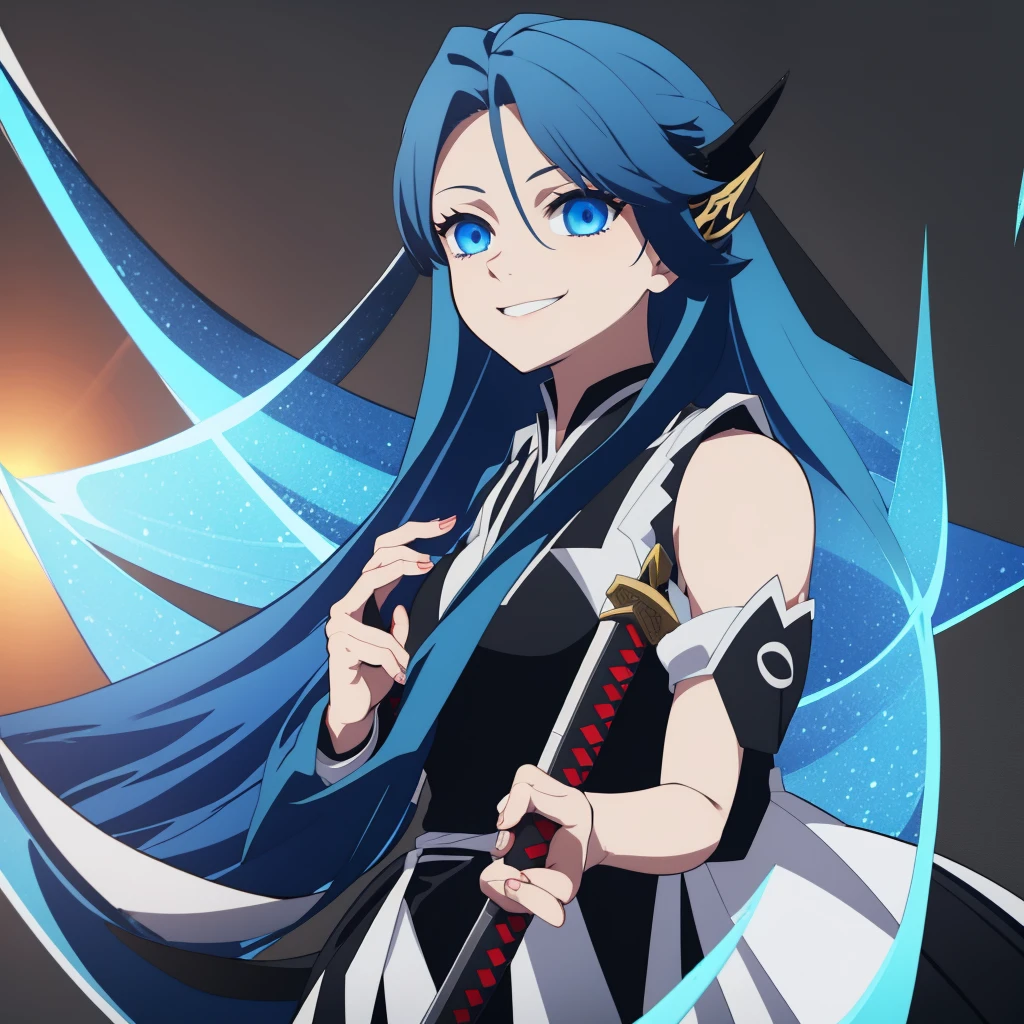 Girl, blue hair, blue eyes, demon slayer outfit, long hair, holding a katana, psychic smile