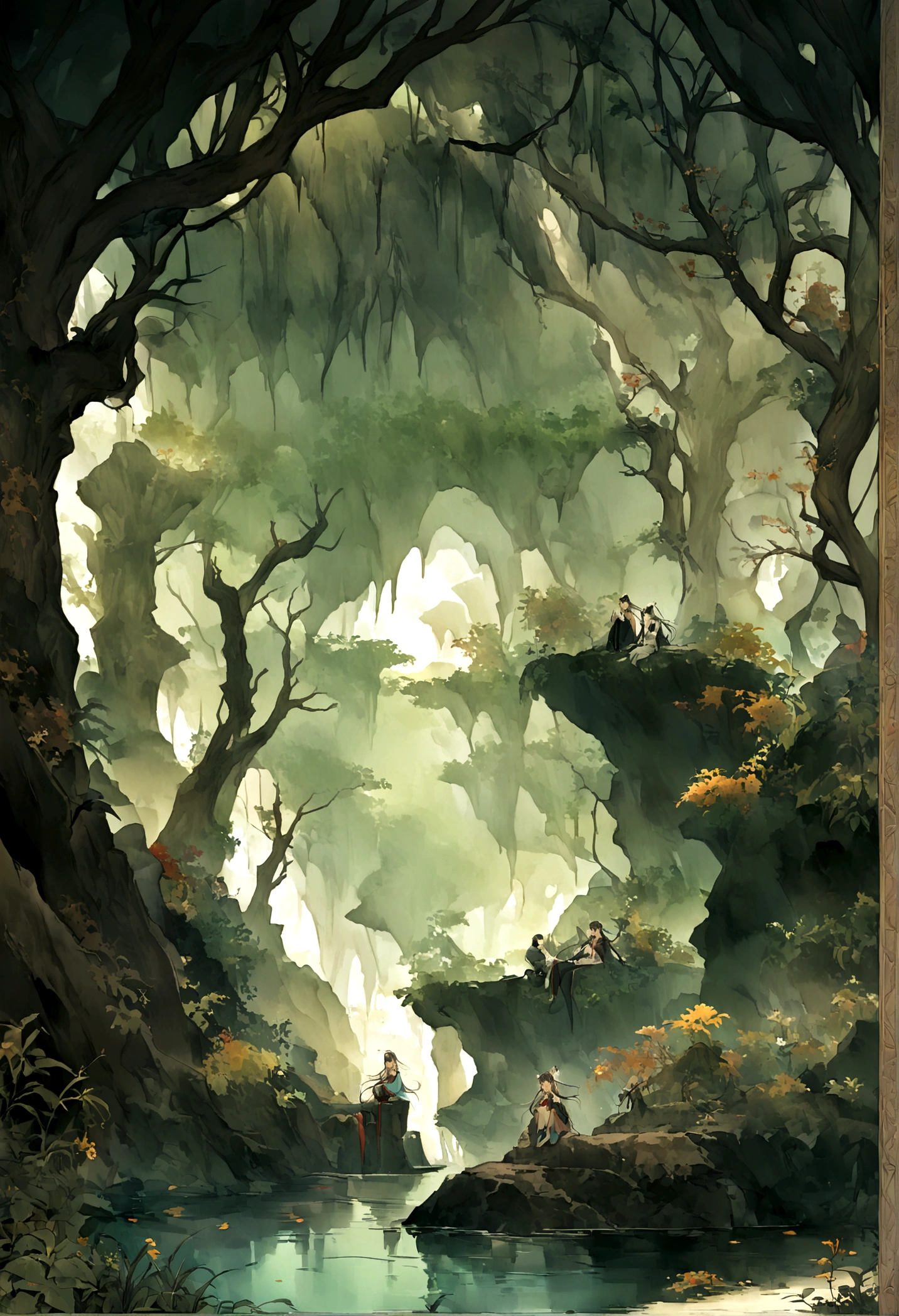 Beginning of forest,Mysterious forest。(((Ancient cave in the background))),male,Shabby laundry,((Very very shocked expression)),Eyes widened,Close-up,only one person,(Luminescence),magic,Mysterious and dreamy,((Mysterious and dreamy scene)),Chinese style,Immortal World,Xianxia World