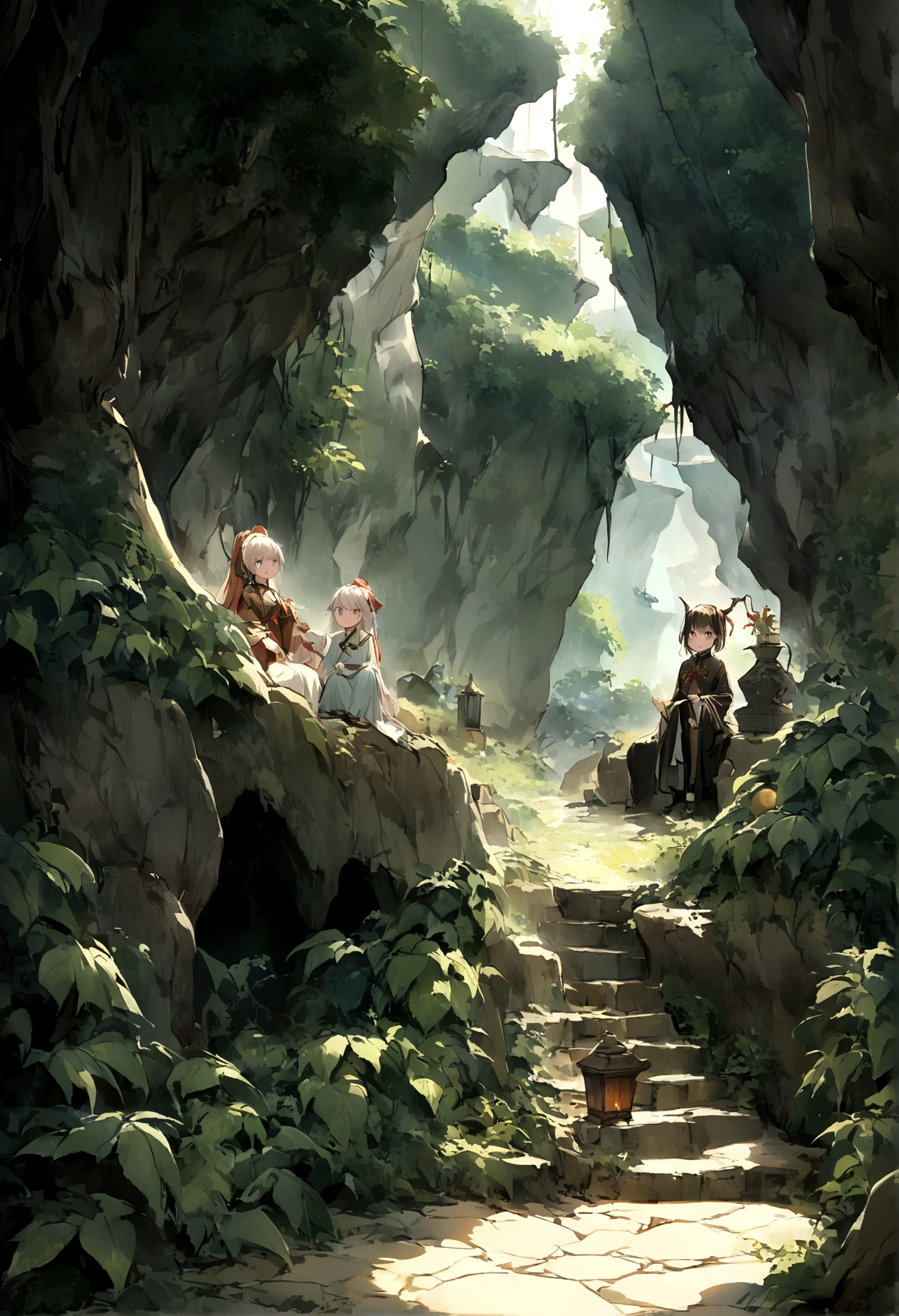 Beginning of forest，Mysterious forest。(((Ancient cave in the background)))，male，Shabby laundry，((Very very shocked expression))，Eyes widened，Close-up，only one person，（Luminescence），magic，Mysterious and dreamy，((Mysterious and dreamy scene）），Chinese style，Immortal World，Xianxia World
