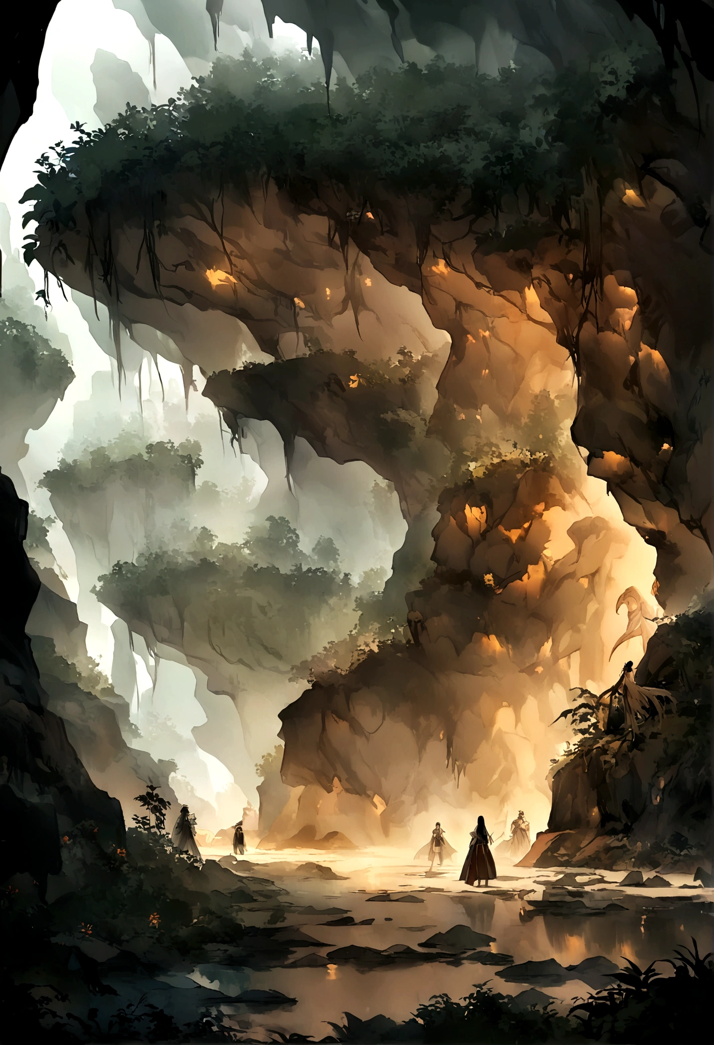 Beginning of forest，Mysterious forest。(((Ancient cave in the background)))，male，Shabby laundry，((Very very shocked expression))，Eyes widened，Close-up，only one person，（Luminescence），magic，Mysterious and dreamy，((Mysterious and dreamy scene）），Chinese style，Immortal World，Xianxia World