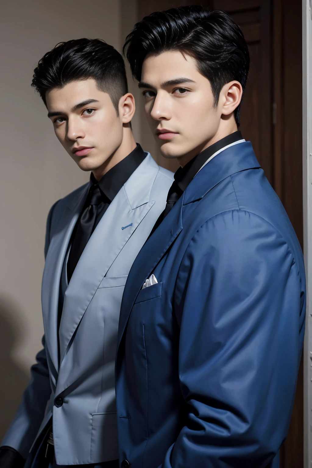 ((masterpiece)),((best quality)),8K,high detail,Very detailed, Very manly,3 men, like,fashion pose, Realistic skin texture, Light,
Royal blue style couple