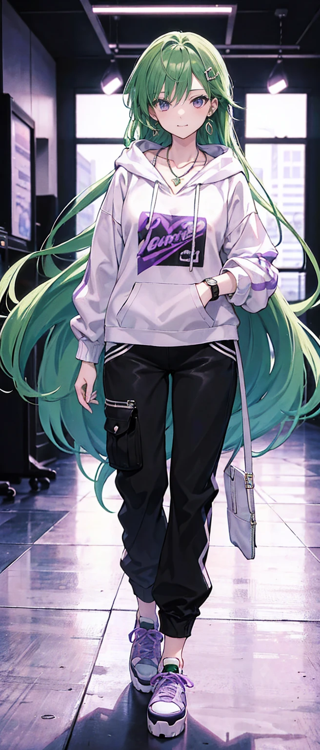 High resolution, high resolution,2D Anime Style,,Cool woman,Mature look,,20th Generation,Long Hair,Green Hair,Purple Eyes,Beautiful watch,Beautiful earrings,Beautiful necklace,Street fashion,Oversized hoodie,Long wide pants,Platform sneakers,He is smiling a little,In the Studio,I&#39;m playing the guitar,