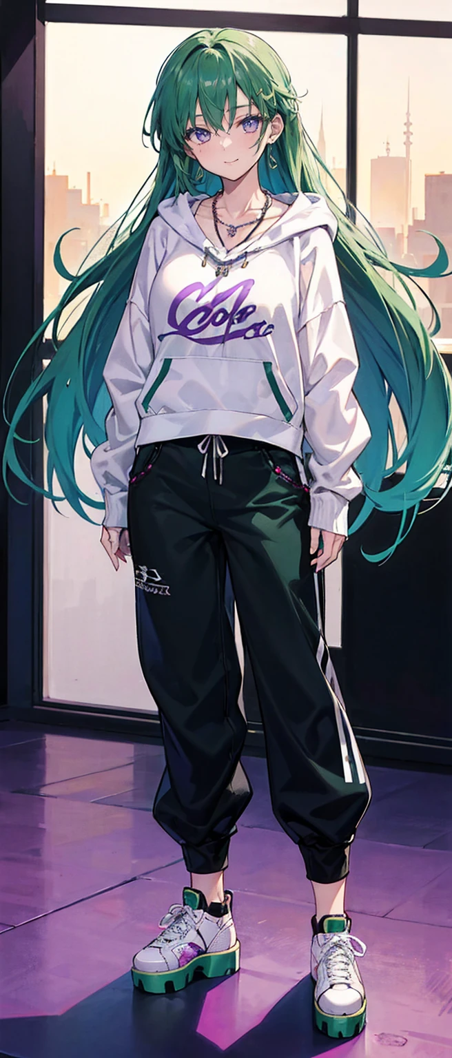 High resolution, high resolution,2D Anime Style,,Cool woman,Mature look,,20th Generation,Long Hair,Green Hair,Purple Eyes,Beautiful watch,Beautiful earrings,Beautiful necklace,Street fashion,Oversized hoodie,Long wide pants,Platform sneakers,He is smiling a little,In the Studio,I'm playing the guitar,