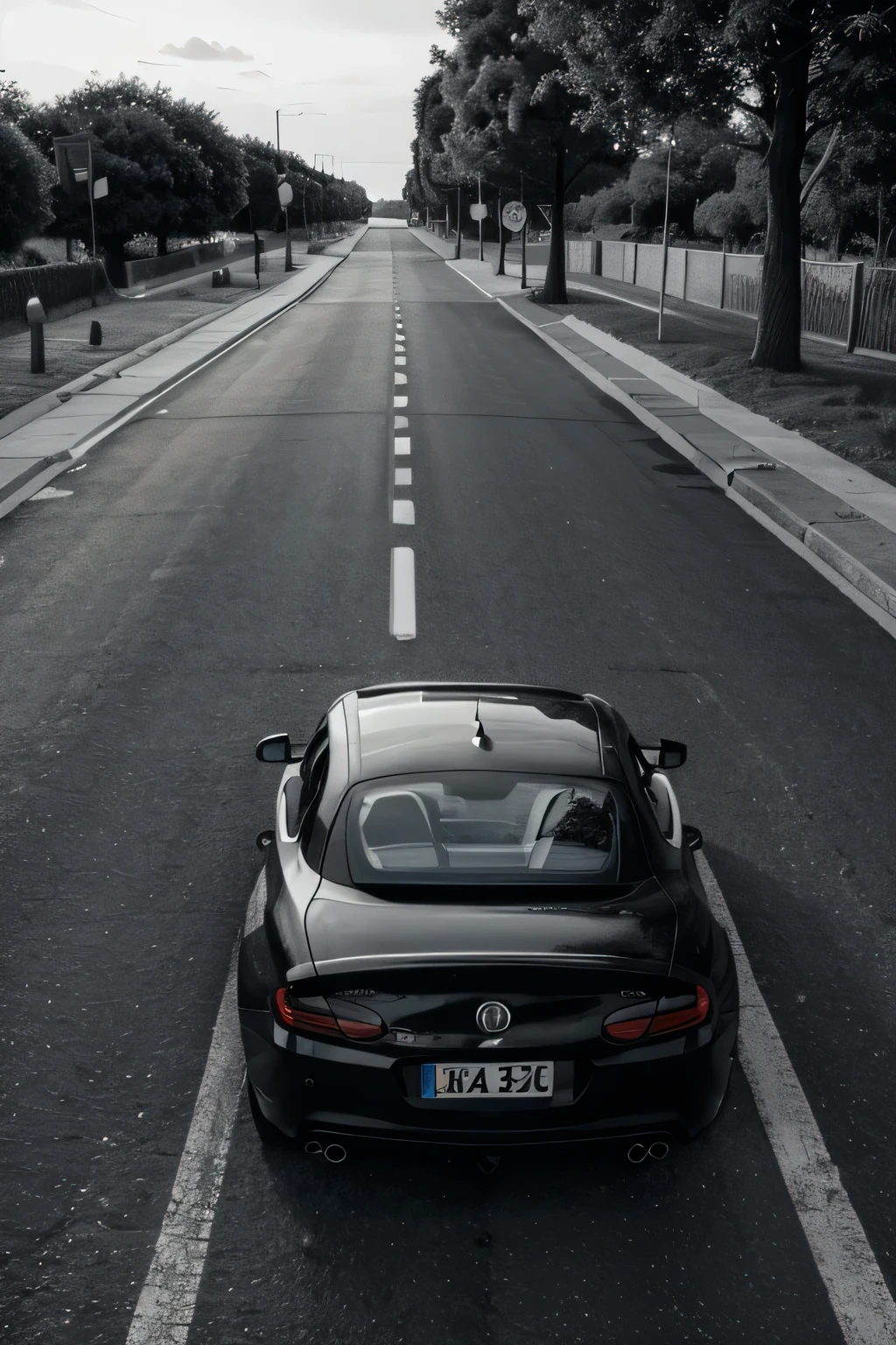 A black and white car drives straight down the road, background
